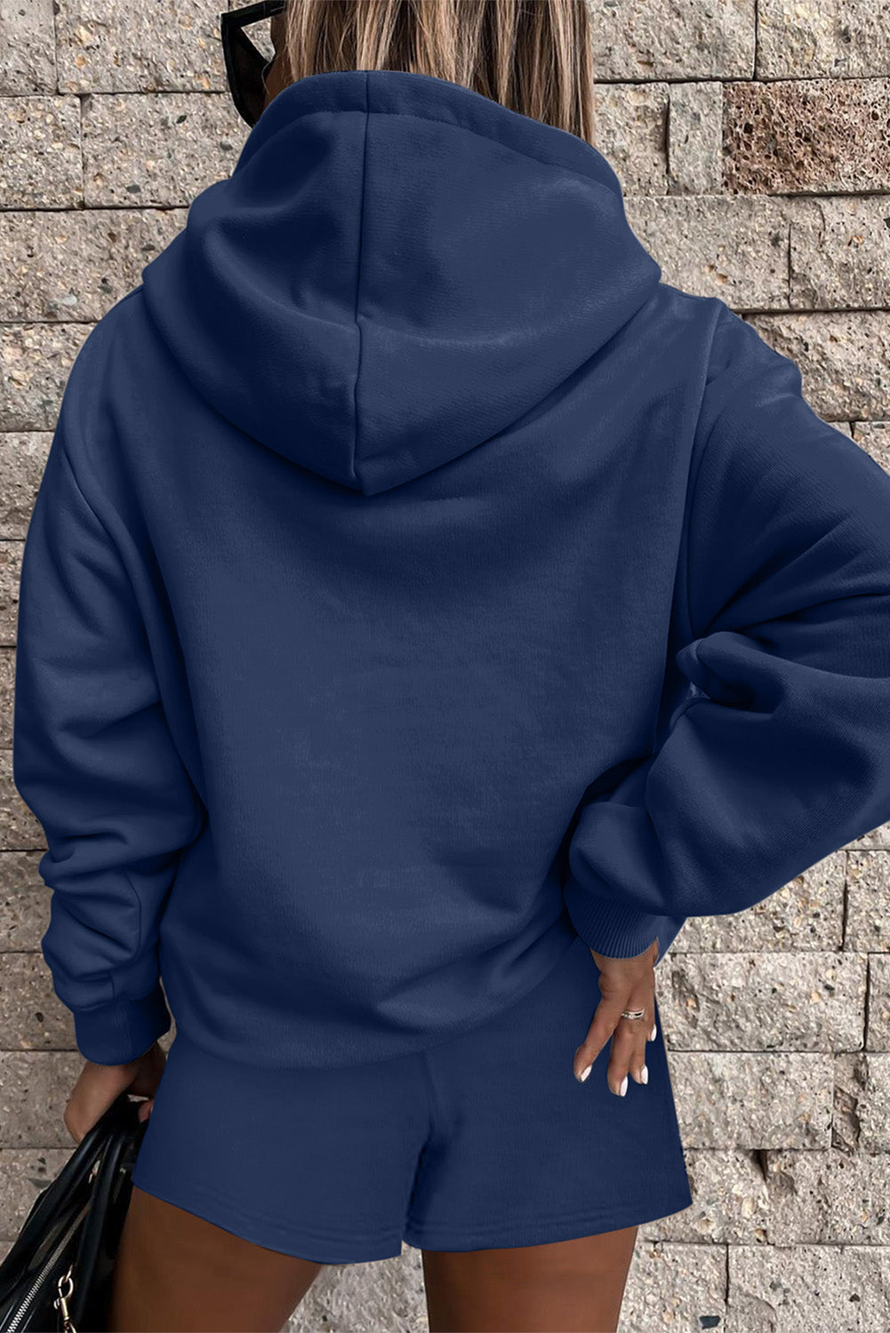Light Blue Button Drawstring Hooded Pullover and Casual Short Set