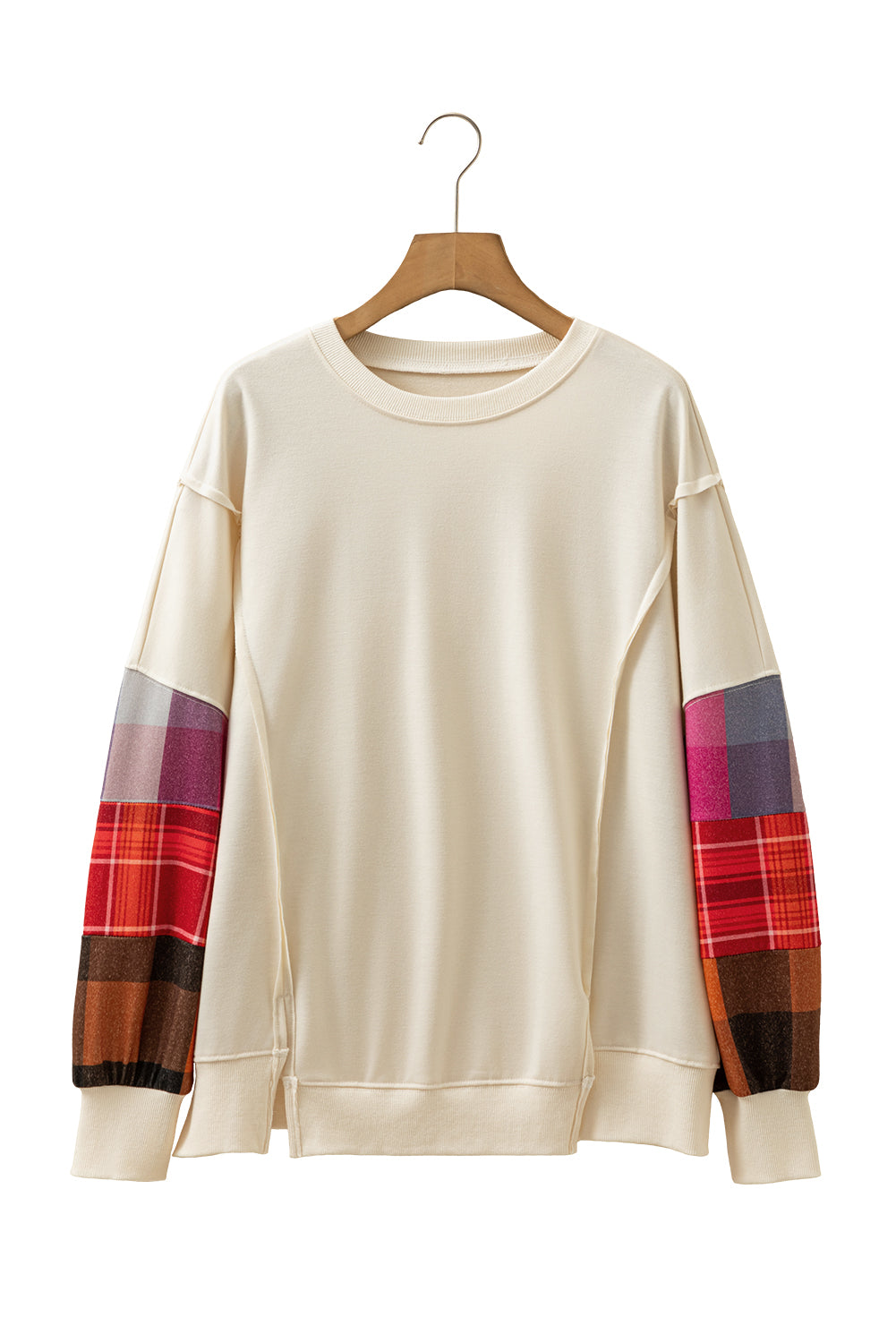 Beige Plus Size Multicolor Plaid Patchwork Sleeve Pullover Top