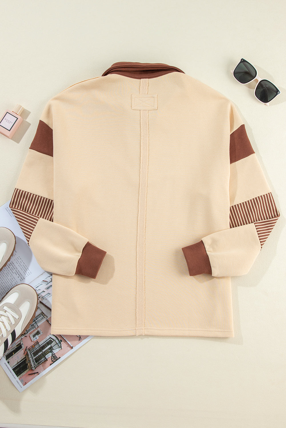 Light French Beige Color Block Striped Patchwork Sequin Rugby Graphic Polo Sweatshirt