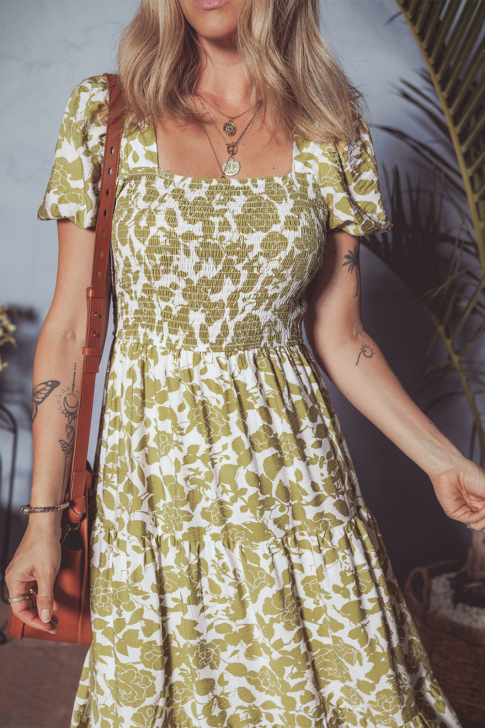 Yellow Boho Floral Square Neck Smocked Bust Puff Sleeve Tiered Long Dress