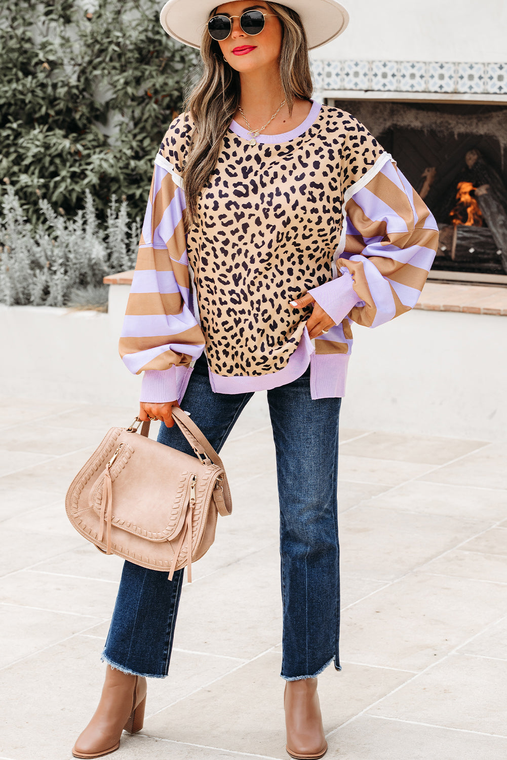 Khaki Leopard Striped Patchwork Plus Size Loose Sweatshirt