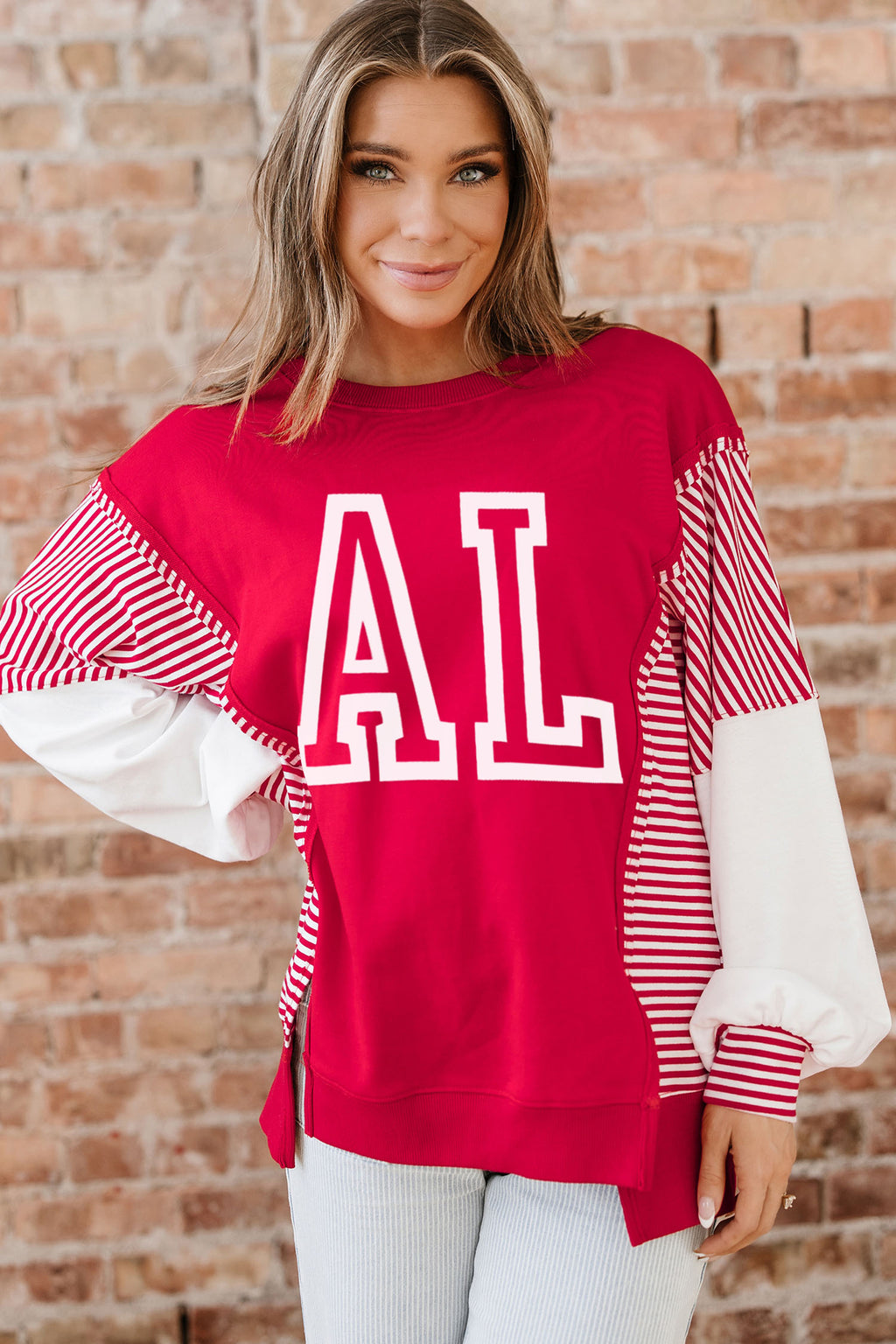 Fiery Red AL Letter Printed Color Block Striped Patchwork Baggy Sweatshirt