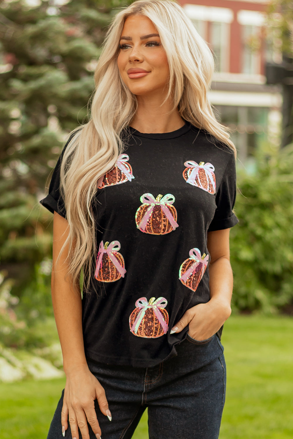 White Colorful Pumpkin Sequin Patched Drop Shoulder Sweatshirt