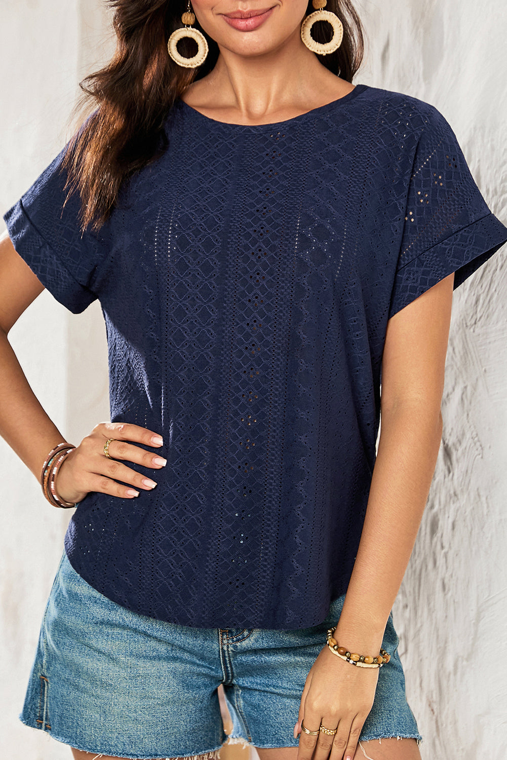 White Solid Color Eyelet Jacquard Cuffed Short Sleeve Top