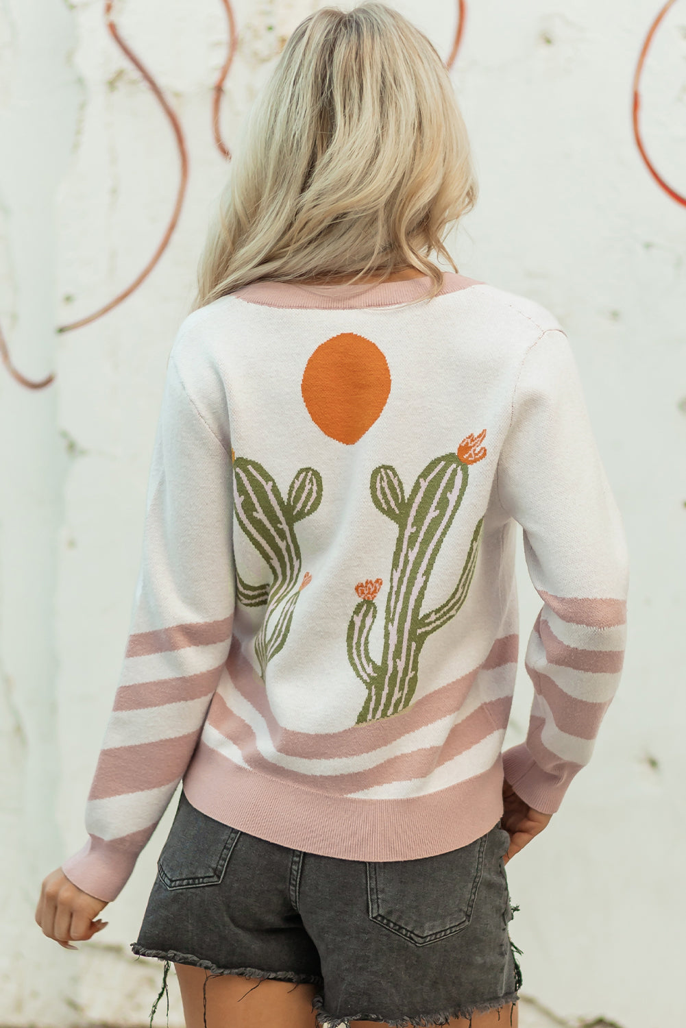 Apricot Western Desert Cactus Print Plus Size Button Cardigan Sweater