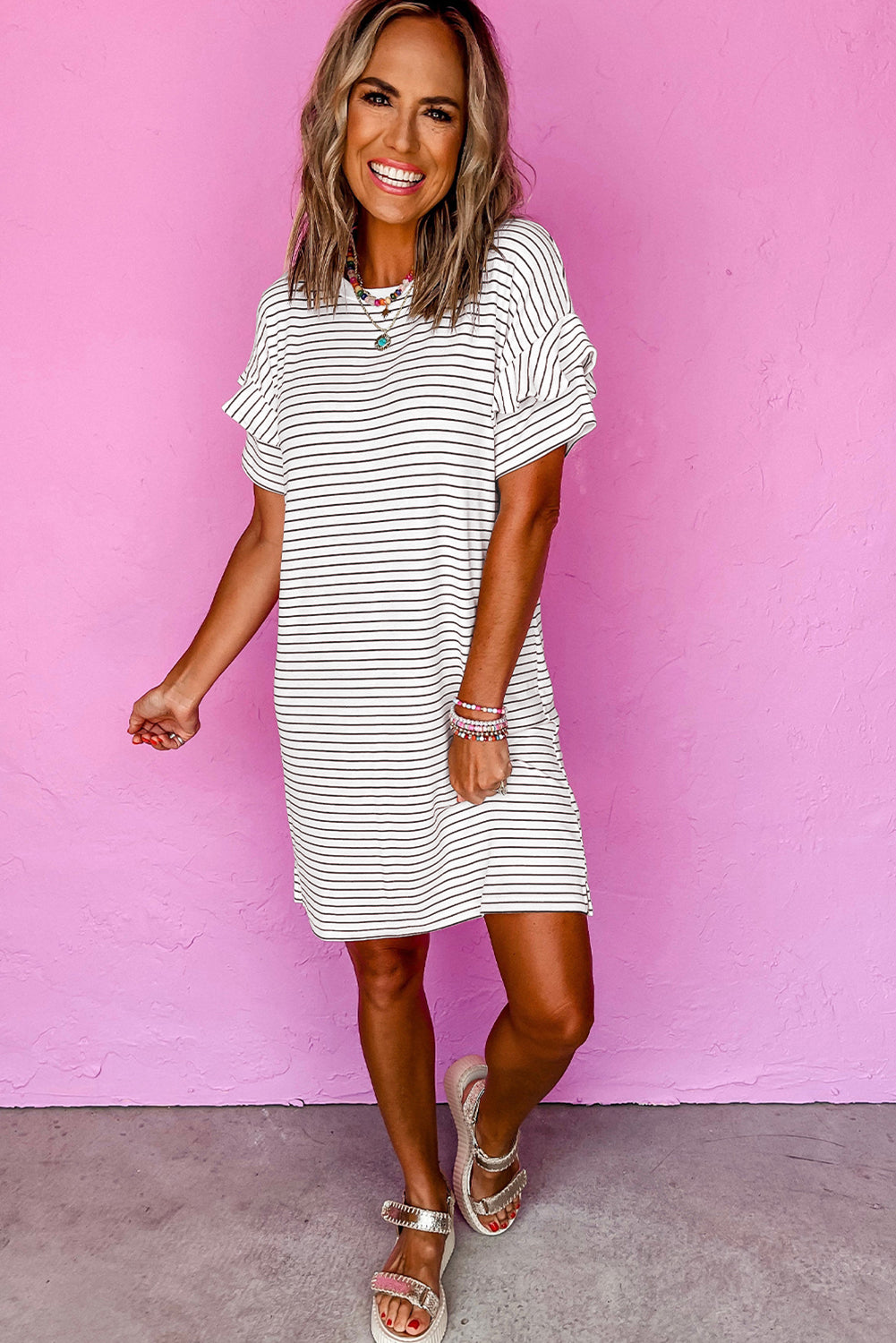 Black Stripe Ruffled Short Sleeve Crew Neck T Shirt Shift Mini Dress