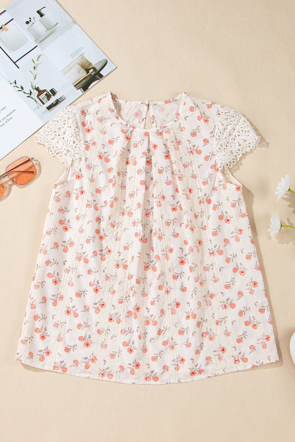 White Floral Eyelet Embroidered Puff Sleeve Notch V Neck Blouse