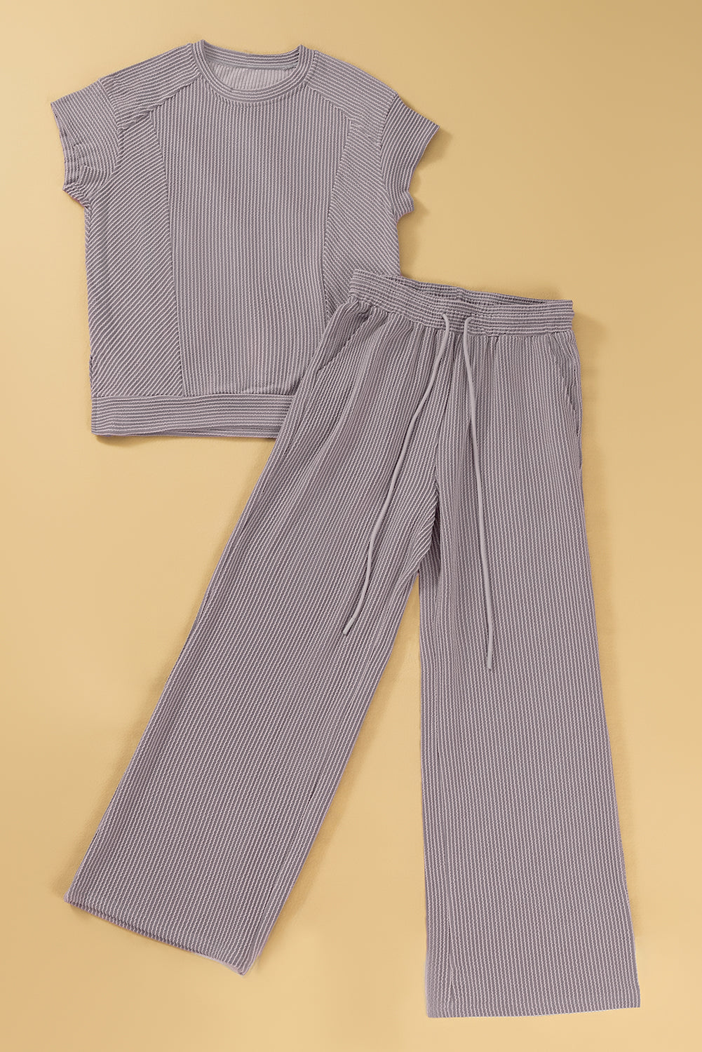 Blue Solid Corded Knit Short Sleeve T Shirt and Wide Leg Pants Set