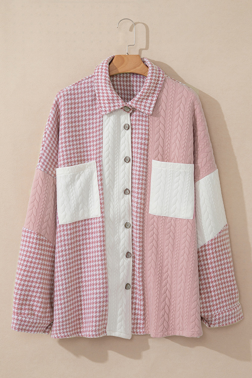 Khaki Houndstooth Color Contrast Textured Patchwork Loose Shacket