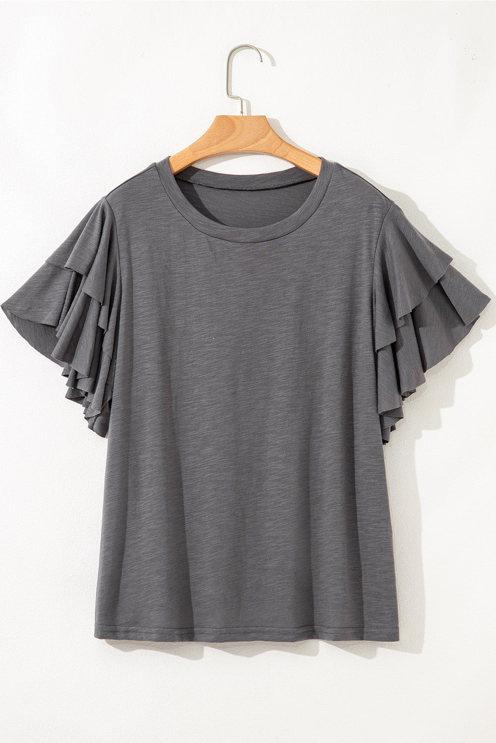 Dark Grey Layered Ruffle Short Sleeve Round Neck Top