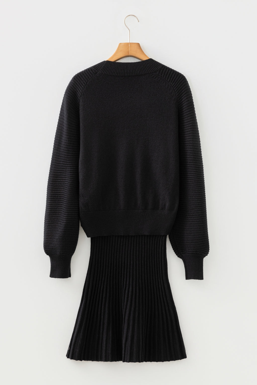 Smoke Gray High Neck Puff Sleeve Sweater Pleated Mini Skirt 2pcs Knitted Outfit