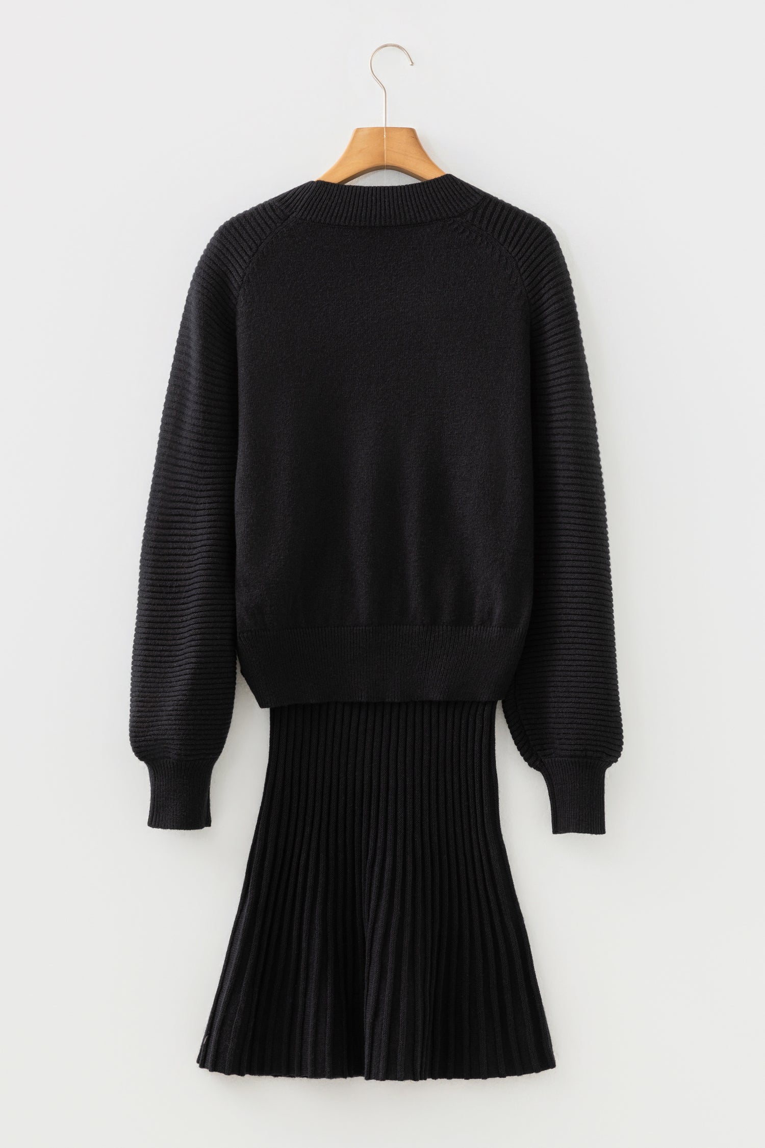 Smoke Gray High Neck Puff Sleeve Sweater Pleated Mini Skirt 2pcs Knitted Outfit