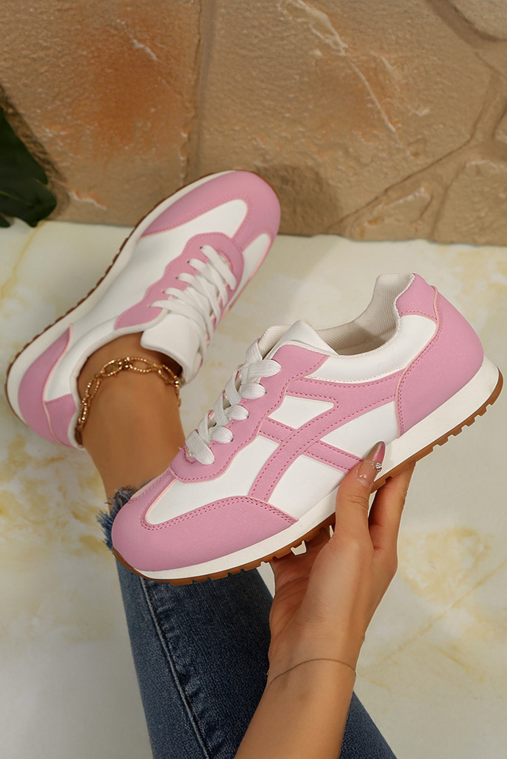Oatmeal Color Block Lace-up PU Leather Sneakers