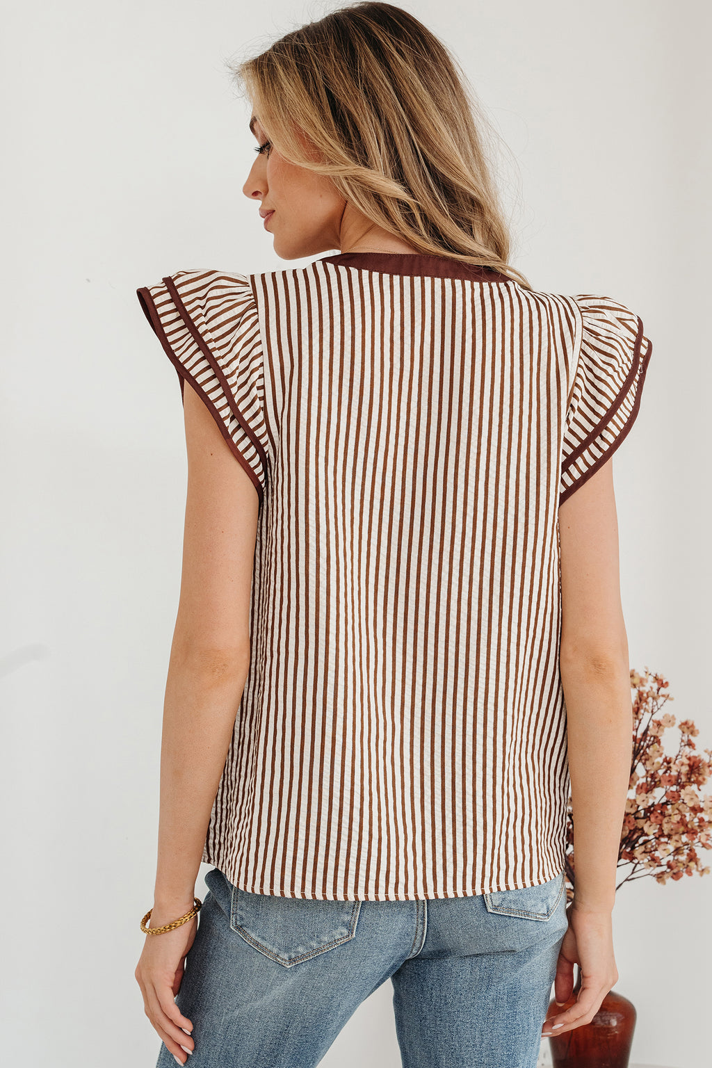 Brown Stripe Double Ruffled Short Sleeve Contrast Trim V Neck Midi Dress