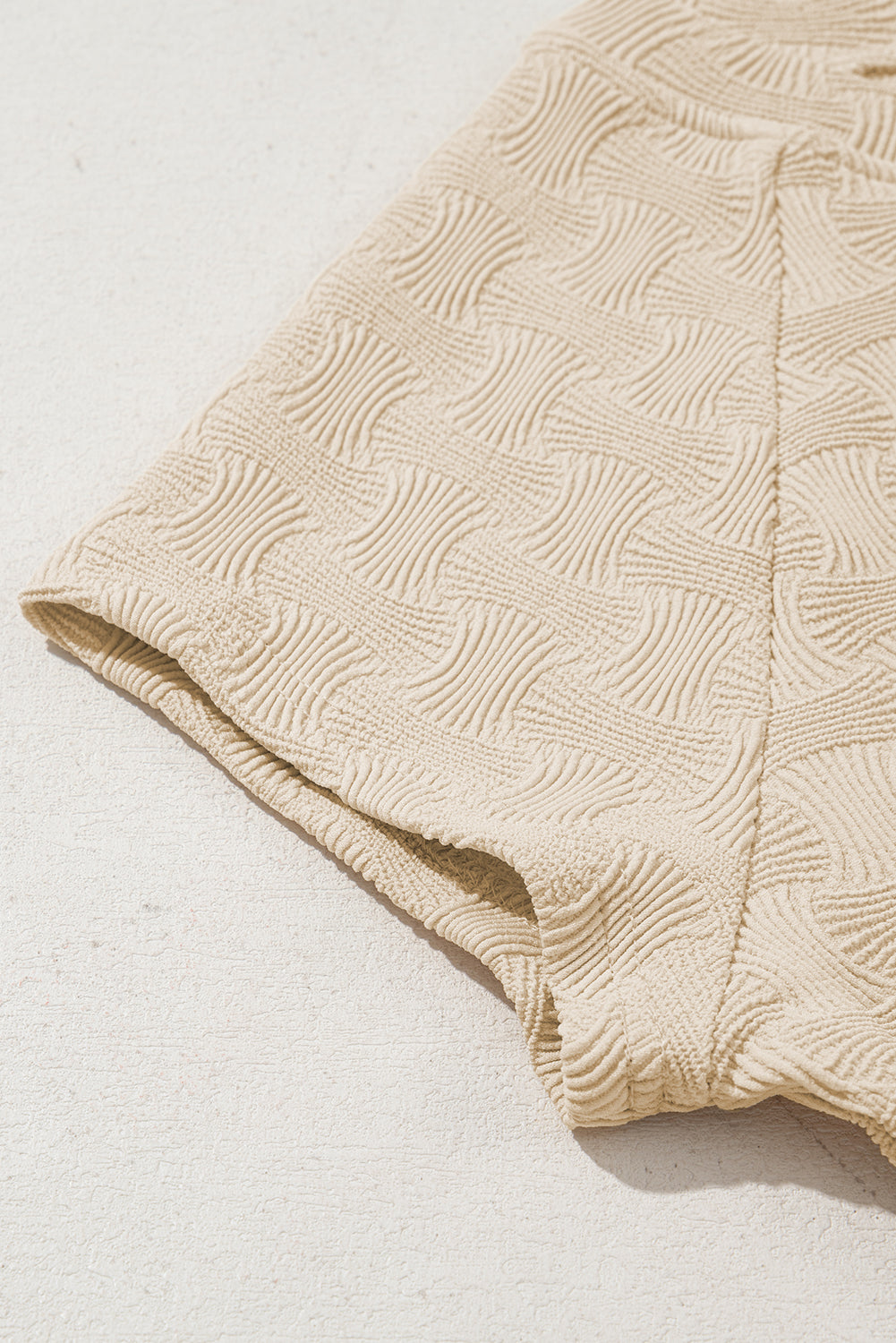 Beige Textured Crew Neck Cap Sleeve Slim Stretchy T Shirt