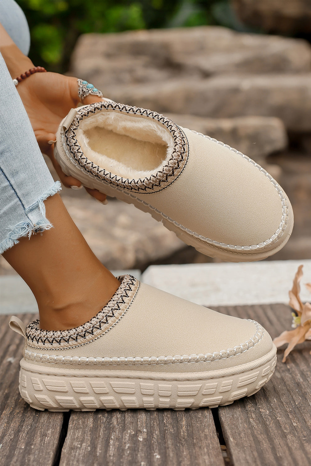 Coffee Contrast Stitch Detail Faux Suede PU Patchwork Plush Winter Clog Slippers