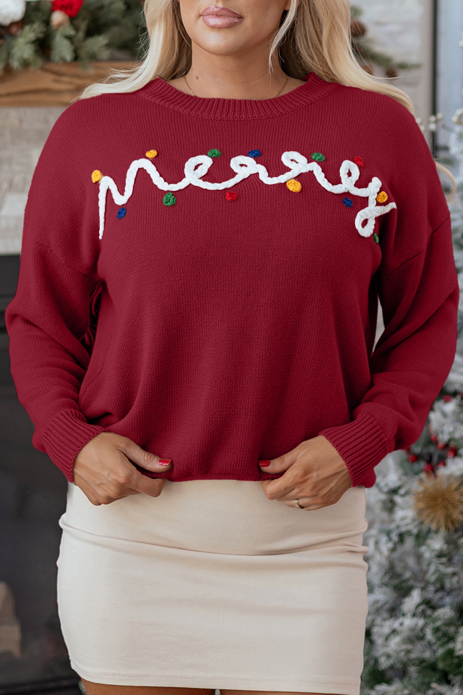 Smoke Gray Merry Colorful Dot Detail Christmas Drop Shoulder Sweater