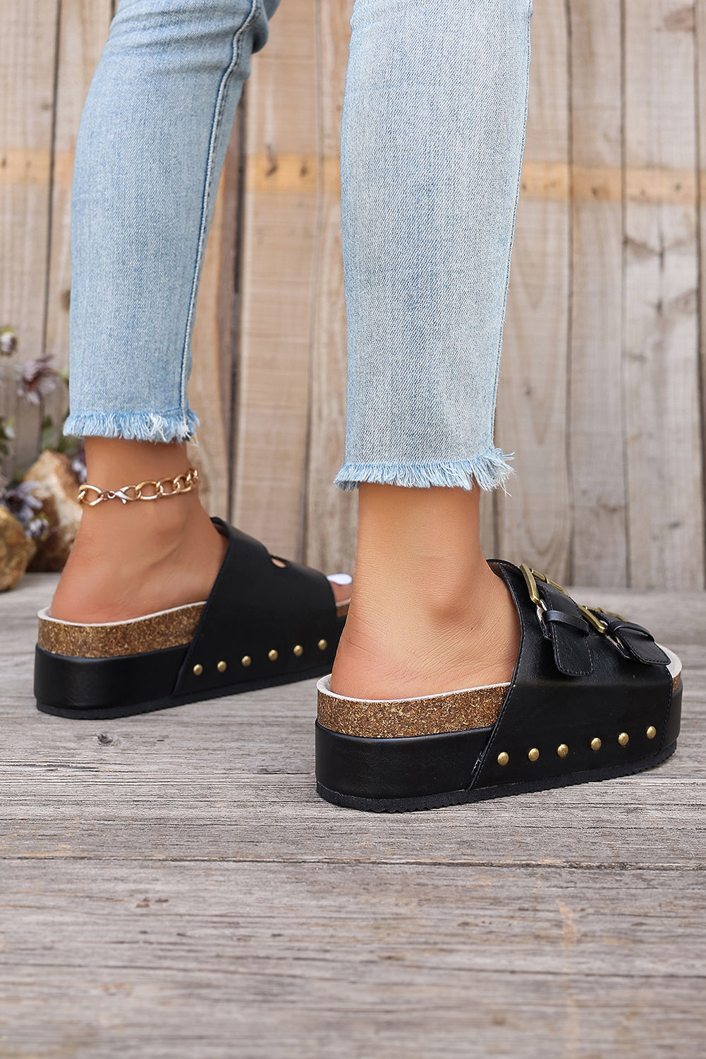Chestnut Suede Buckle Decor Footbed Sandal Slippers