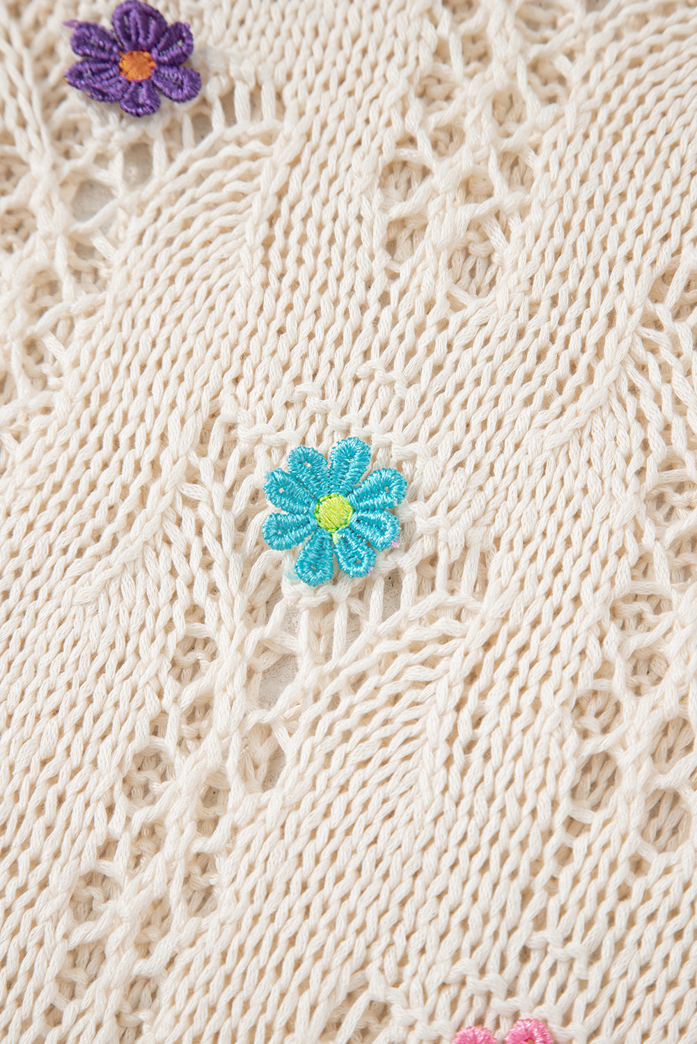 Delicacy Embroidered Flowers Colorblock Edge Hollowed Sweater