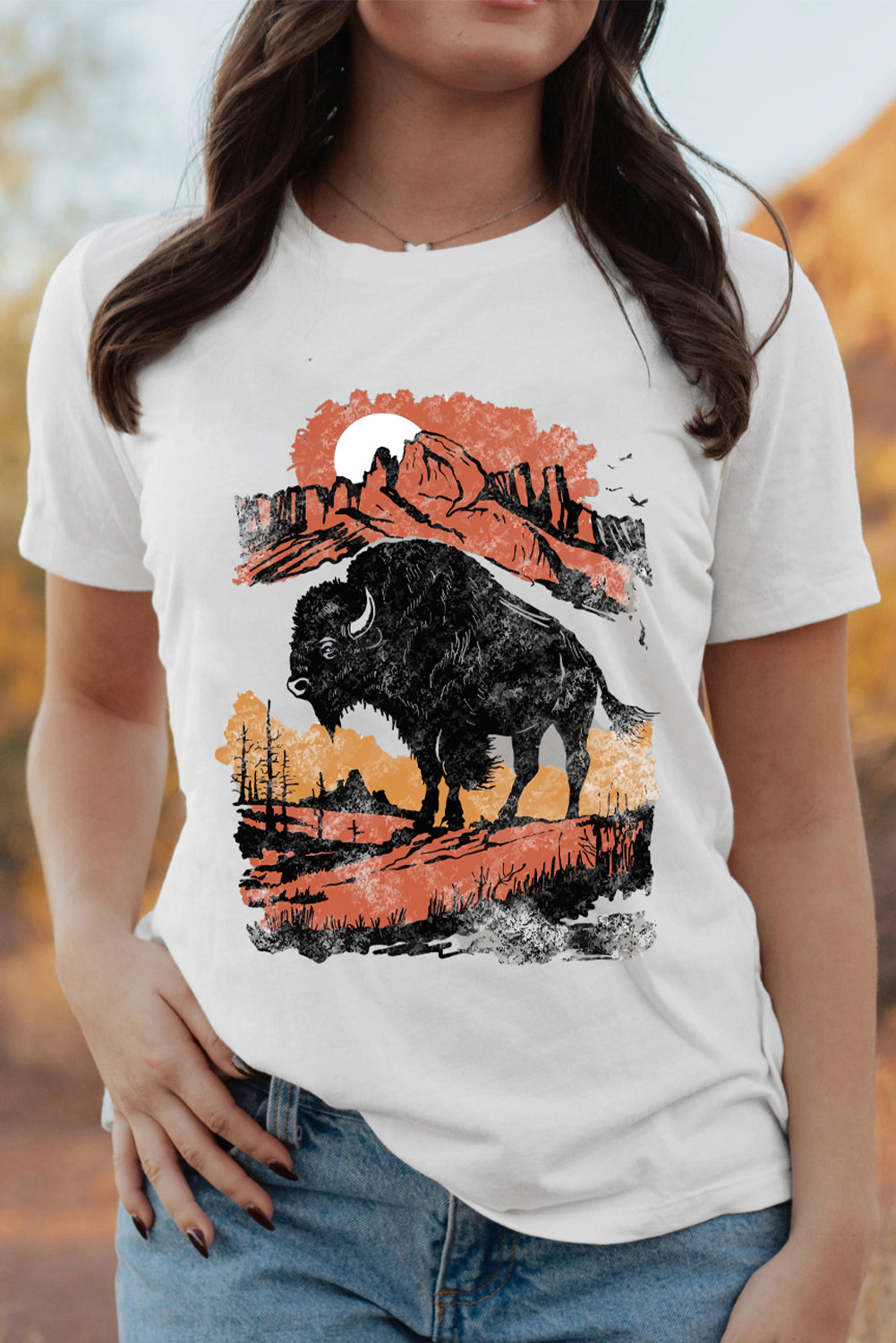 White Western Buffalo On Plains Graphic Crew Neck Tee