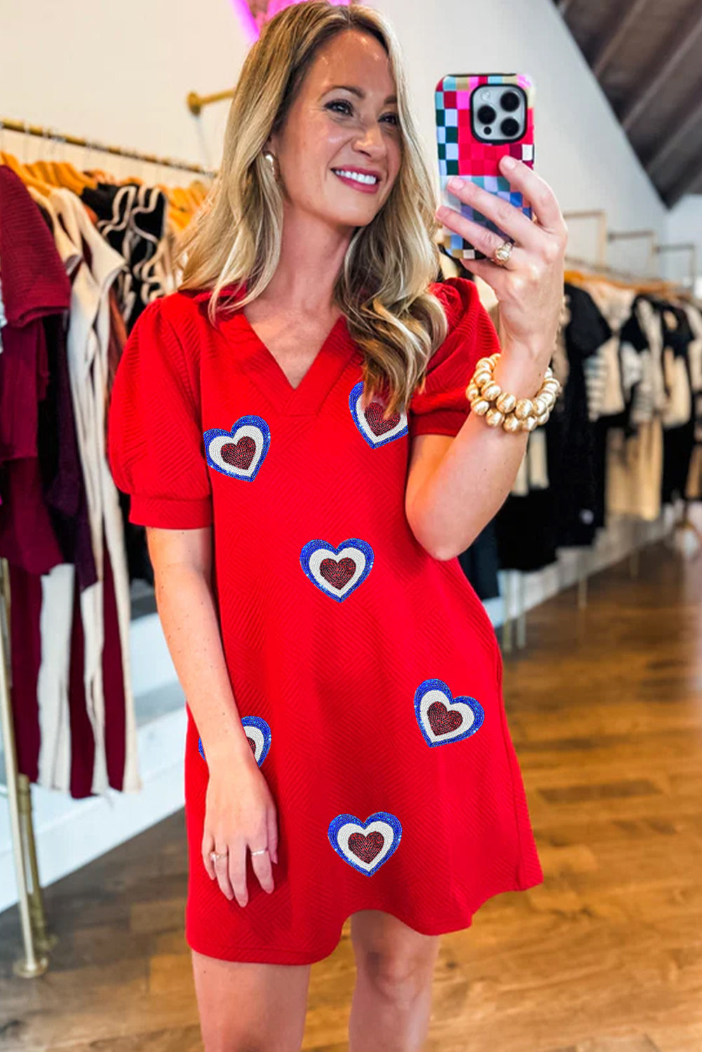 Fiery Red Heart Shape Patchwork Textured Collared V Neck Mini Dress