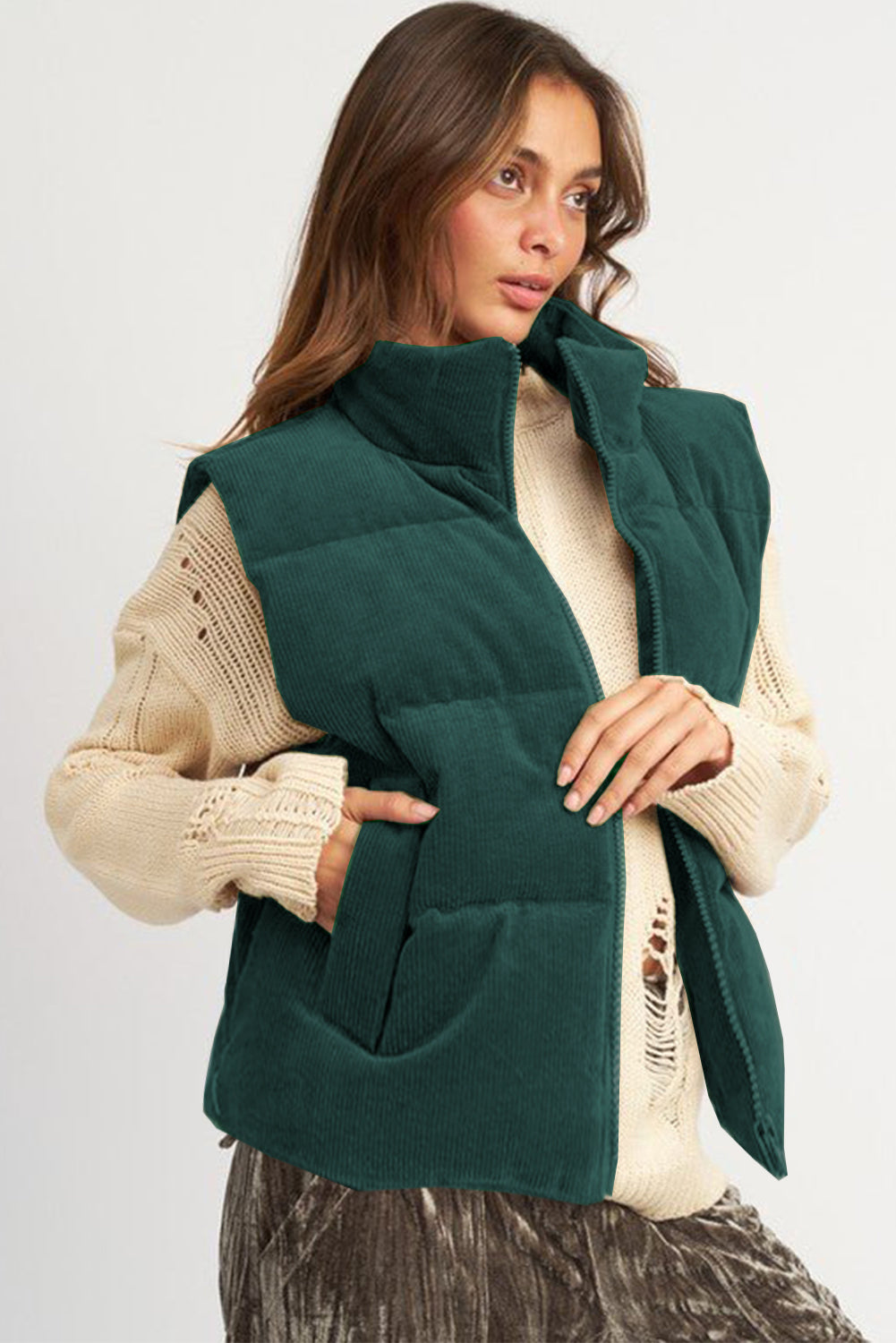 Beige Corduroy Stand Neck Zipped Puffer Vest