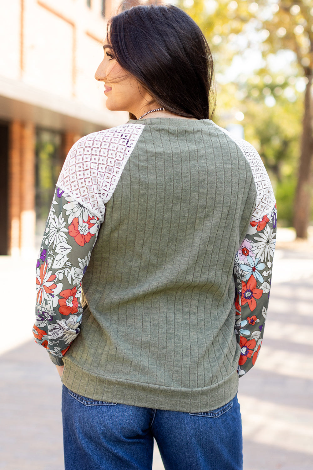 Vineyard Green Plus Size Textured Floral Patchwork Raglan Sleeve Blouse