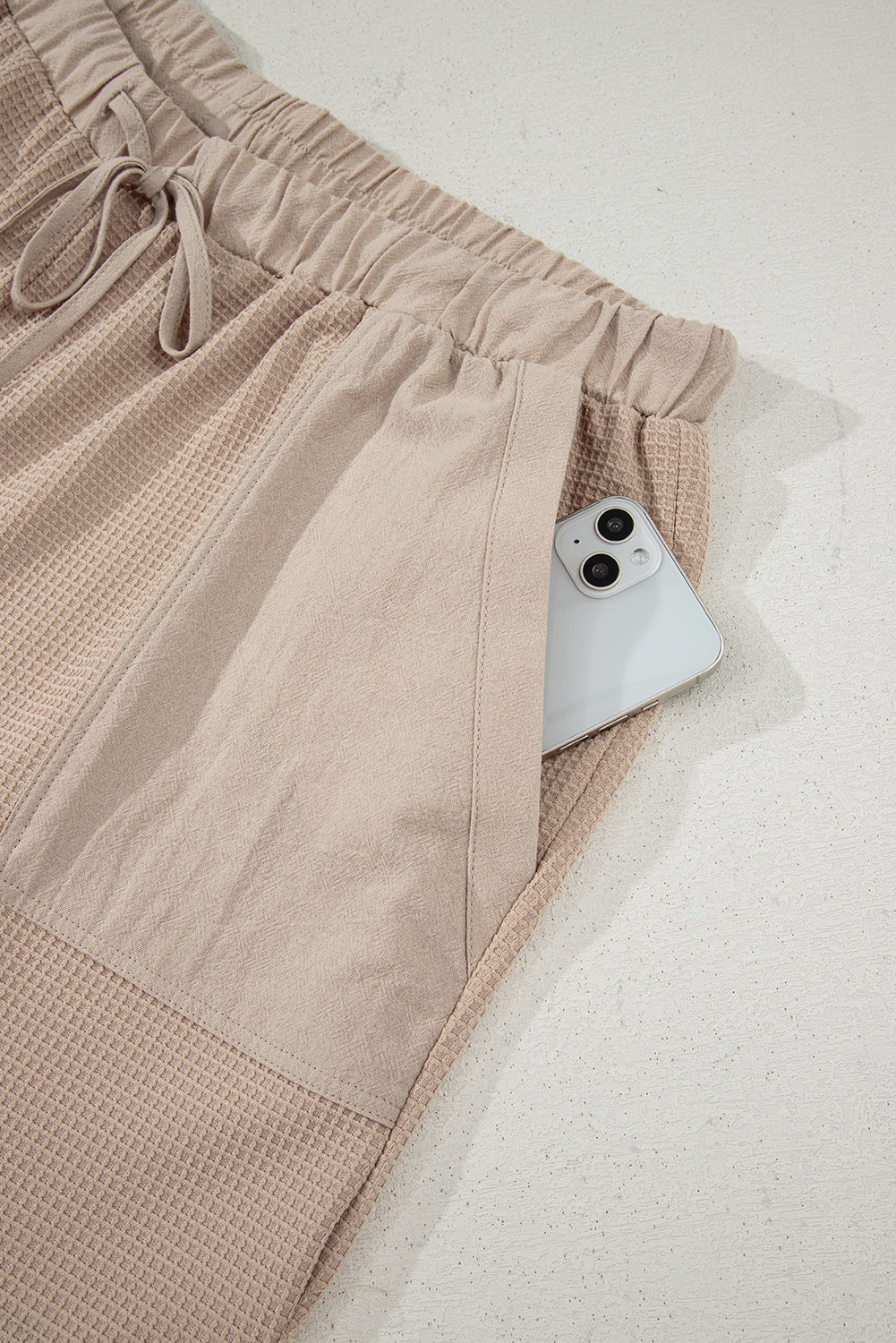 Parchment Waffle Short Sleeve Henley Top Drawstring Shorts Plus Size Set
