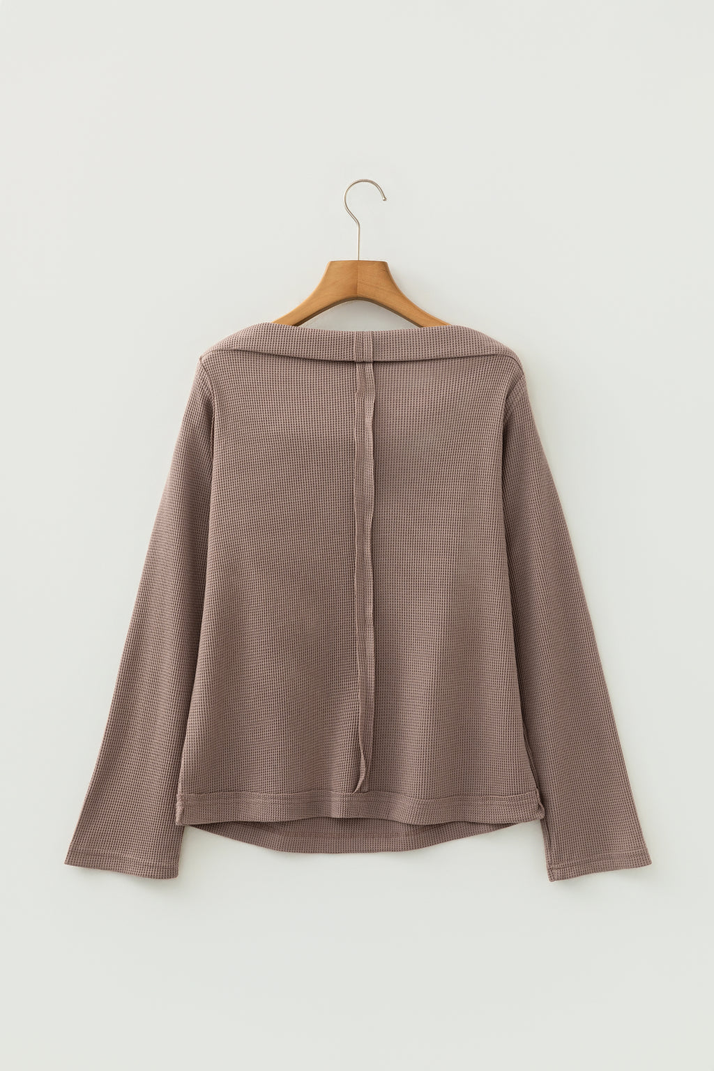 Beige Solid Color Waffle Knit Asymmetric Neck Long Sleeve Top