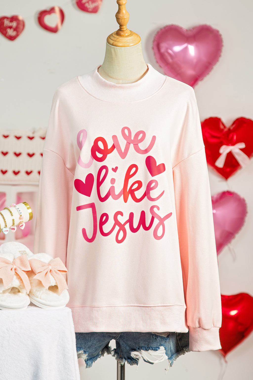 Bright Pink Oversize Blessed Embroidered Mock Neck Sweatshirt