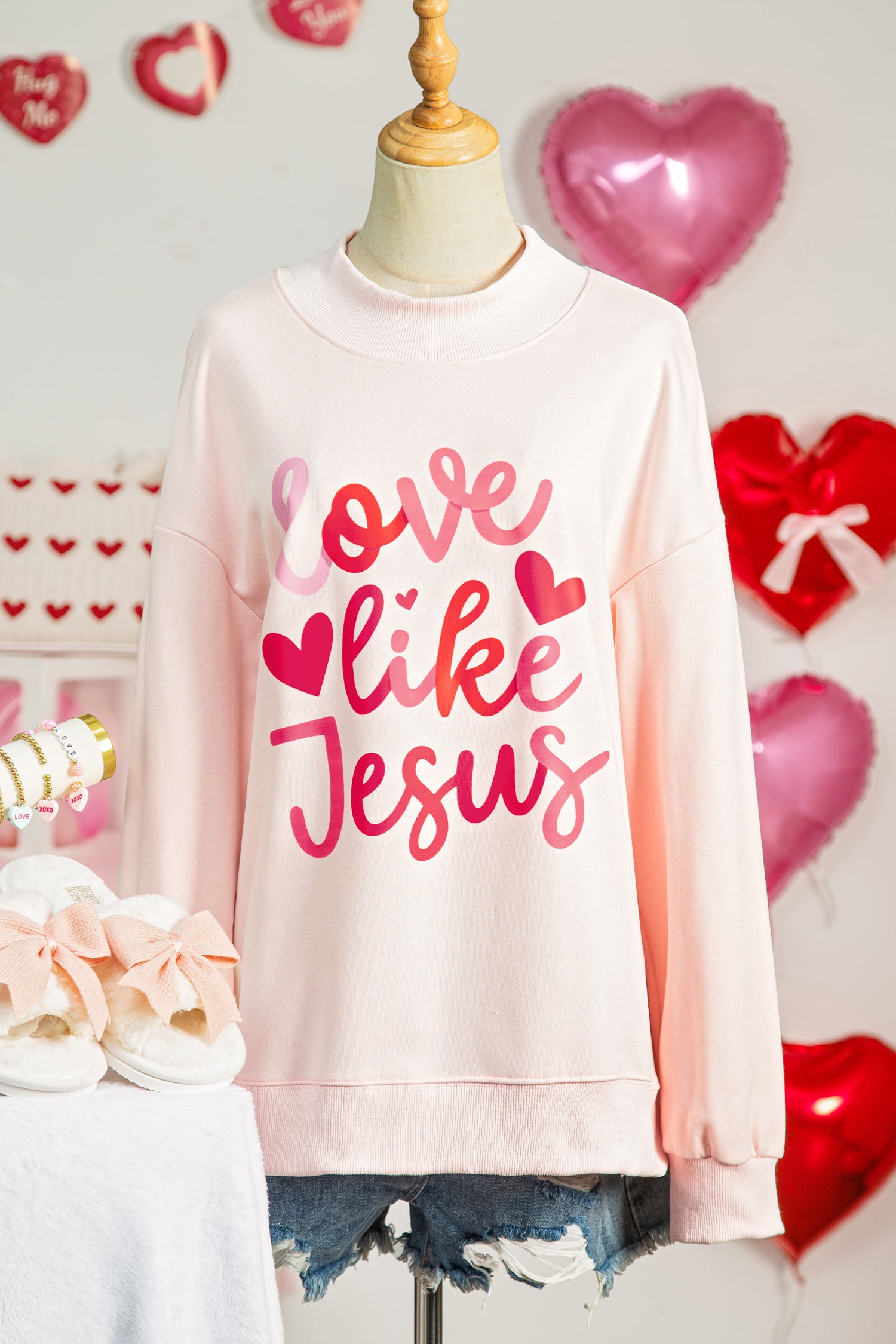 Bright Pink Oversize Blessed Embroidered Mock Neck Sweatshirt