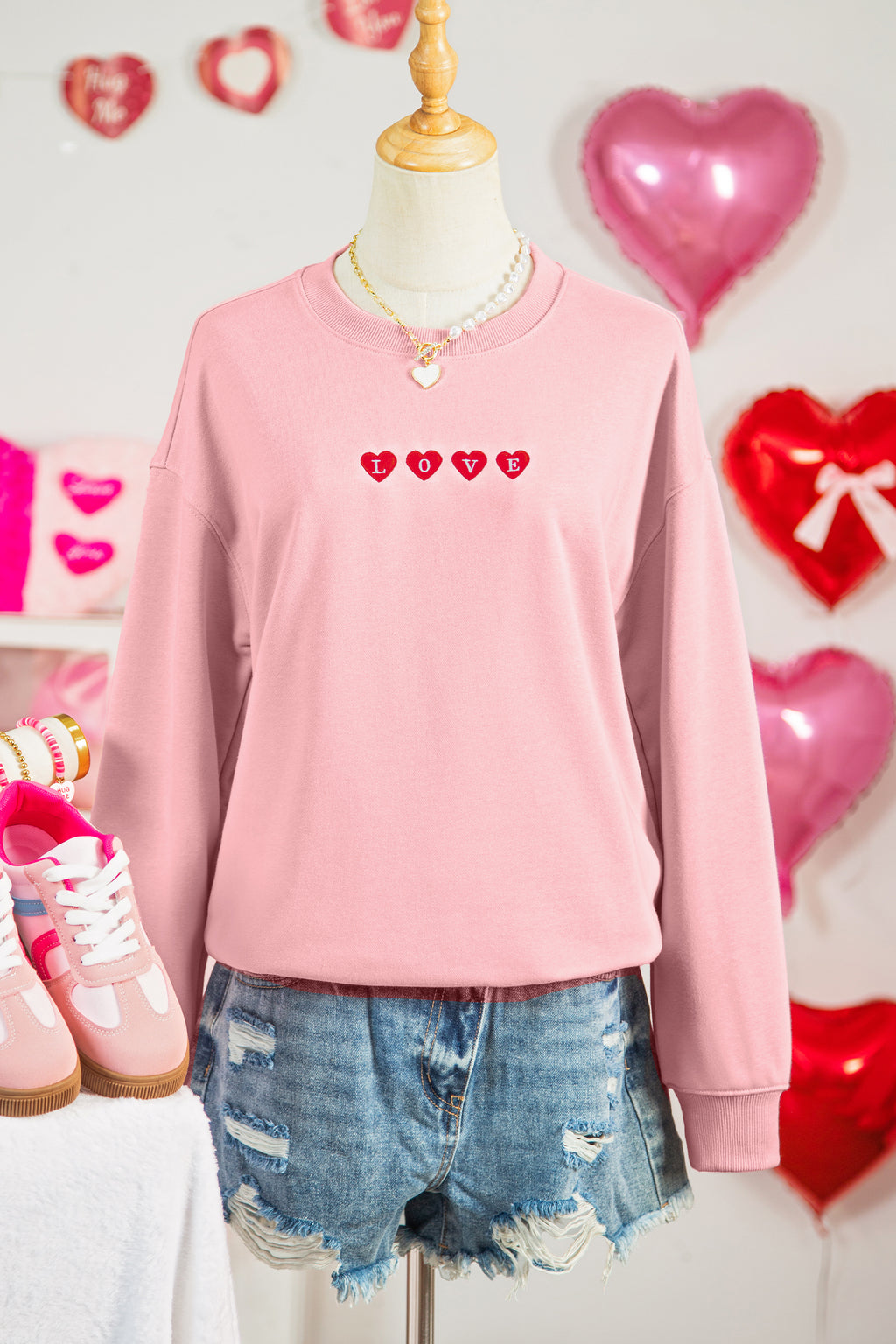 Pink LOVE In Hearts Embroidered Graphic Sweatshirt