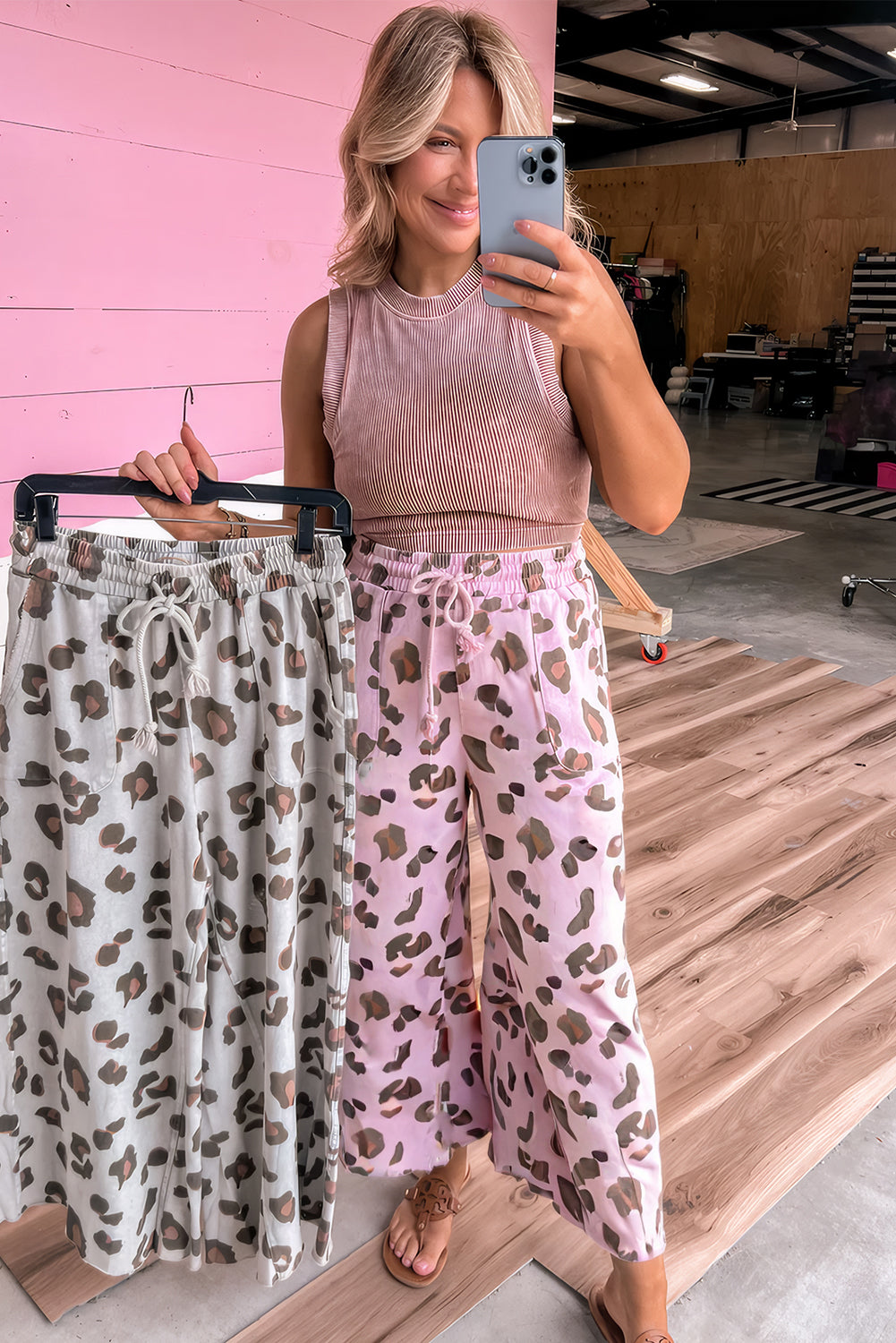 Beige Drawstring Leopard Print Patch Pocket Loose Pants
