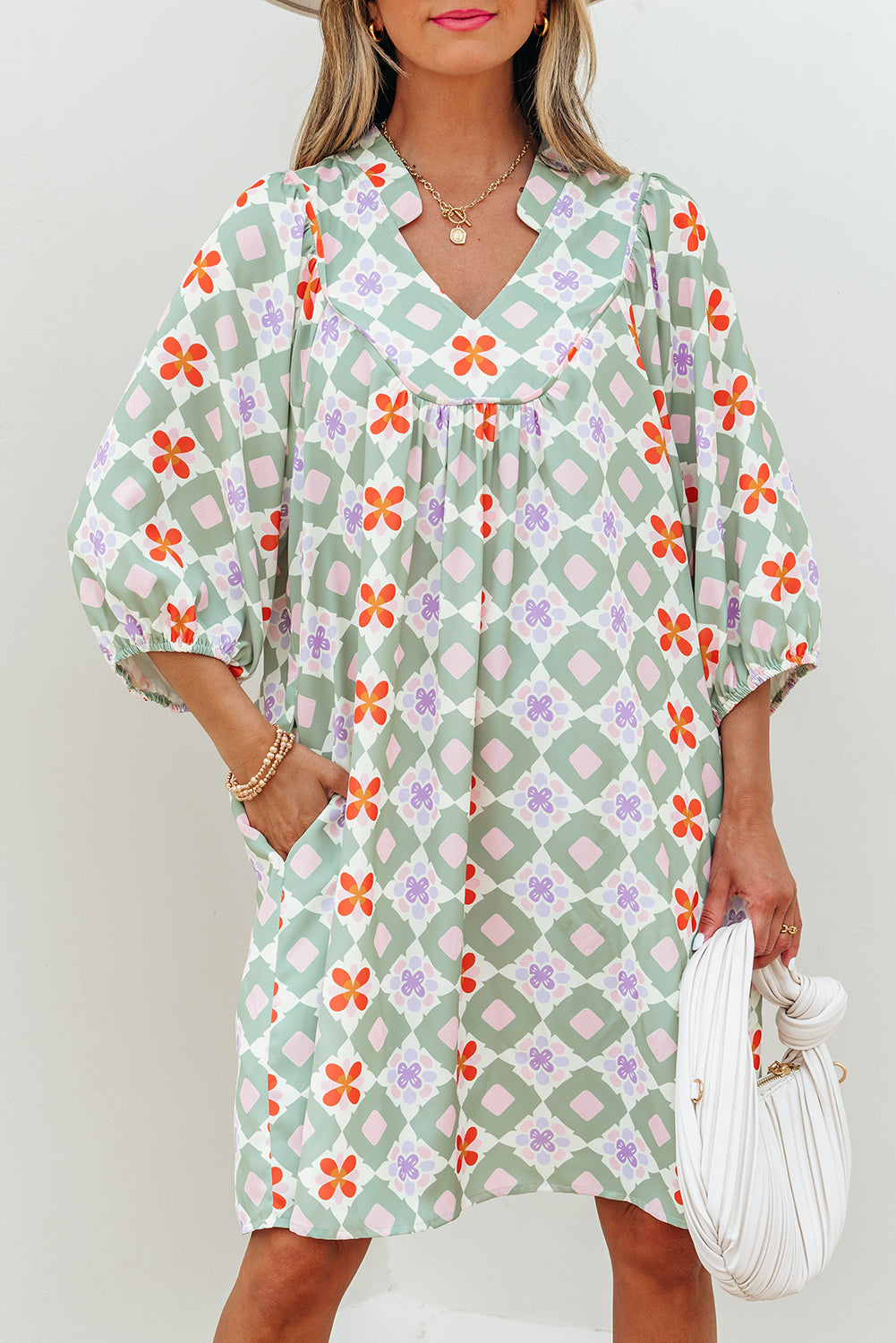 Green Geometric Floral Print Layered Flutter Sleeve V Neck Ric Rac Trim Blouse