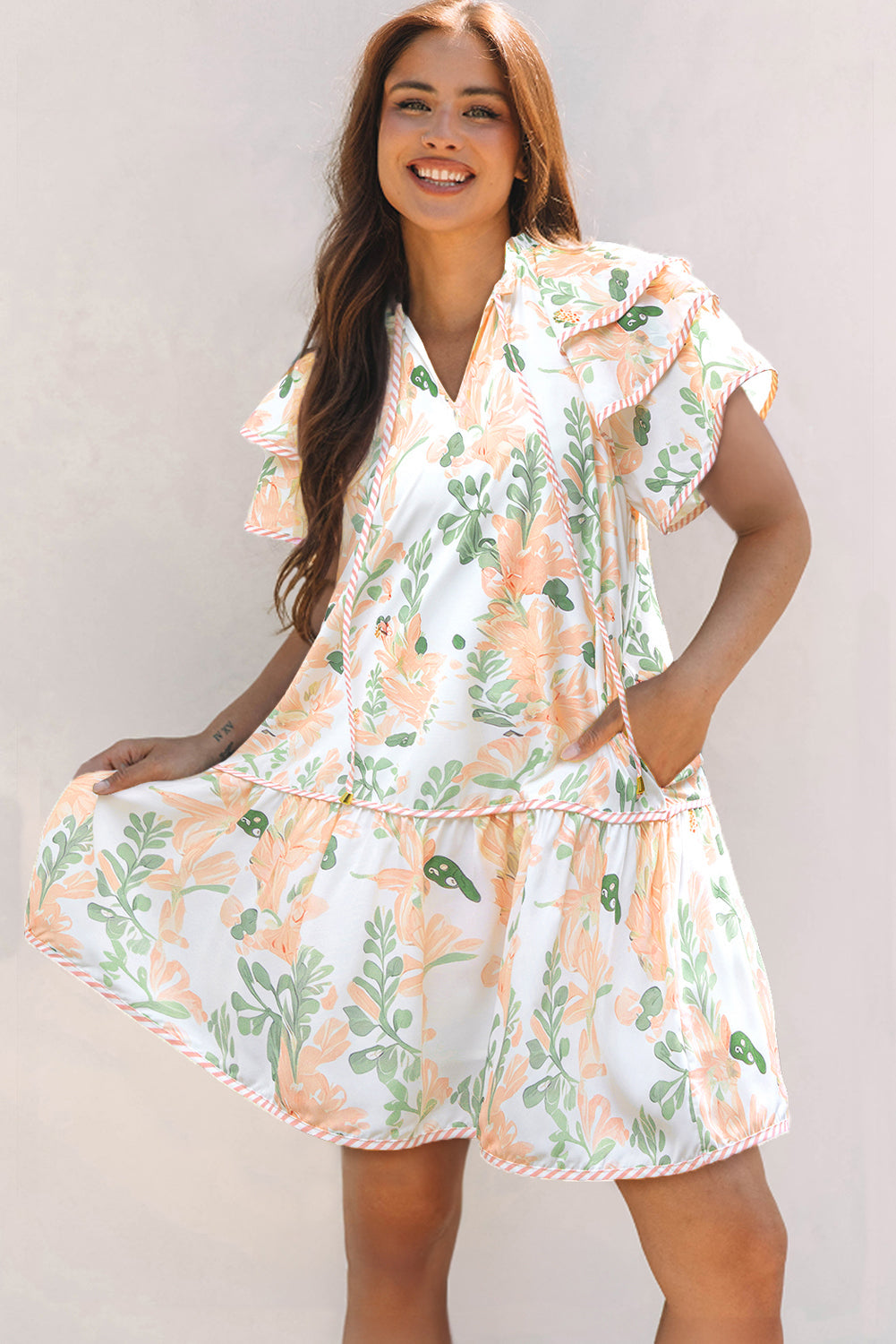 Pink Plus Size Floral Print Striped Detail Short Summer Dress