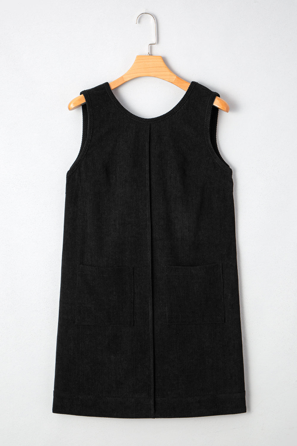Beige Corduroy Sleeveless Mini Dress With Patched Pockets