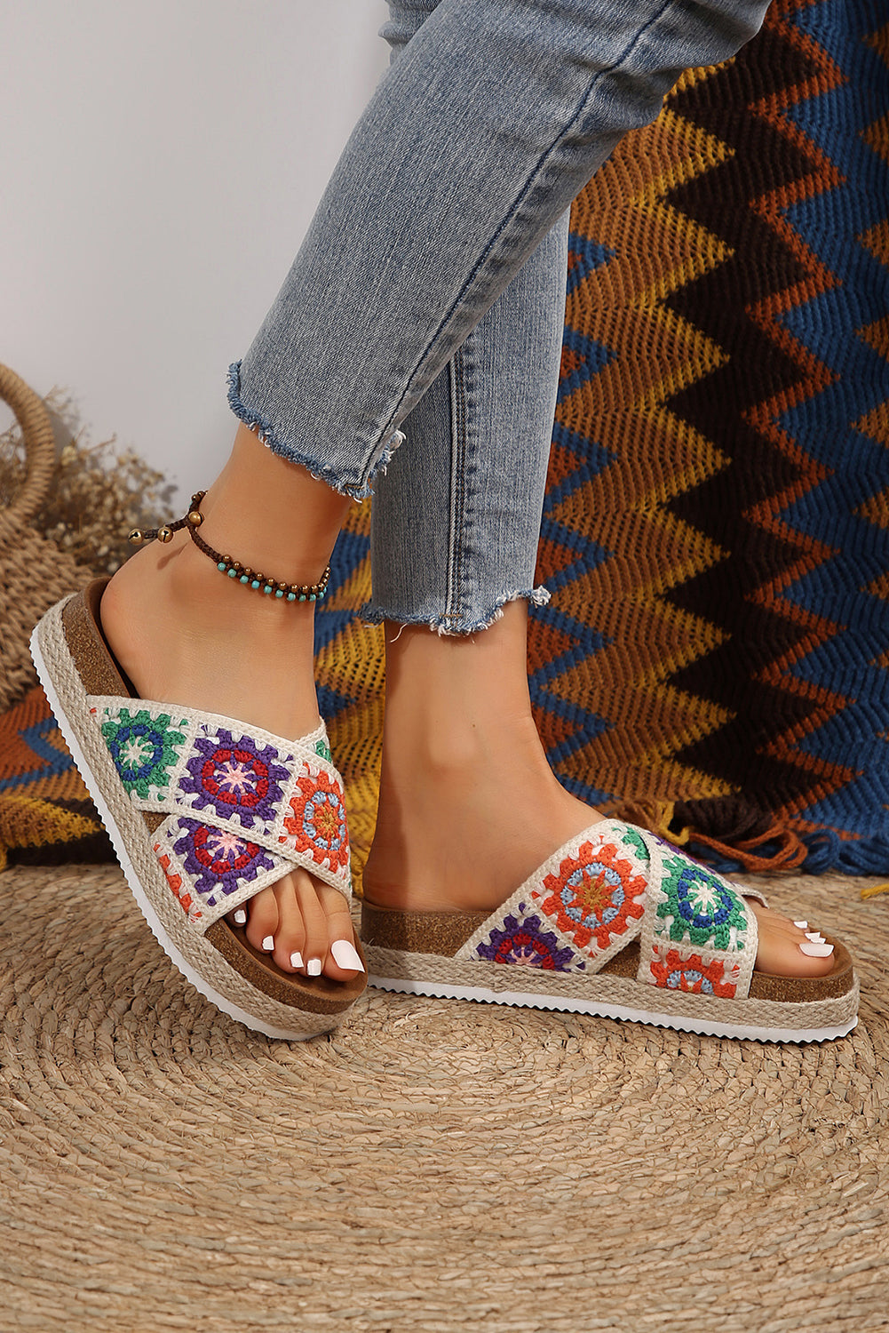 White Geometric Woven Crisscross Strap Platform Slippers