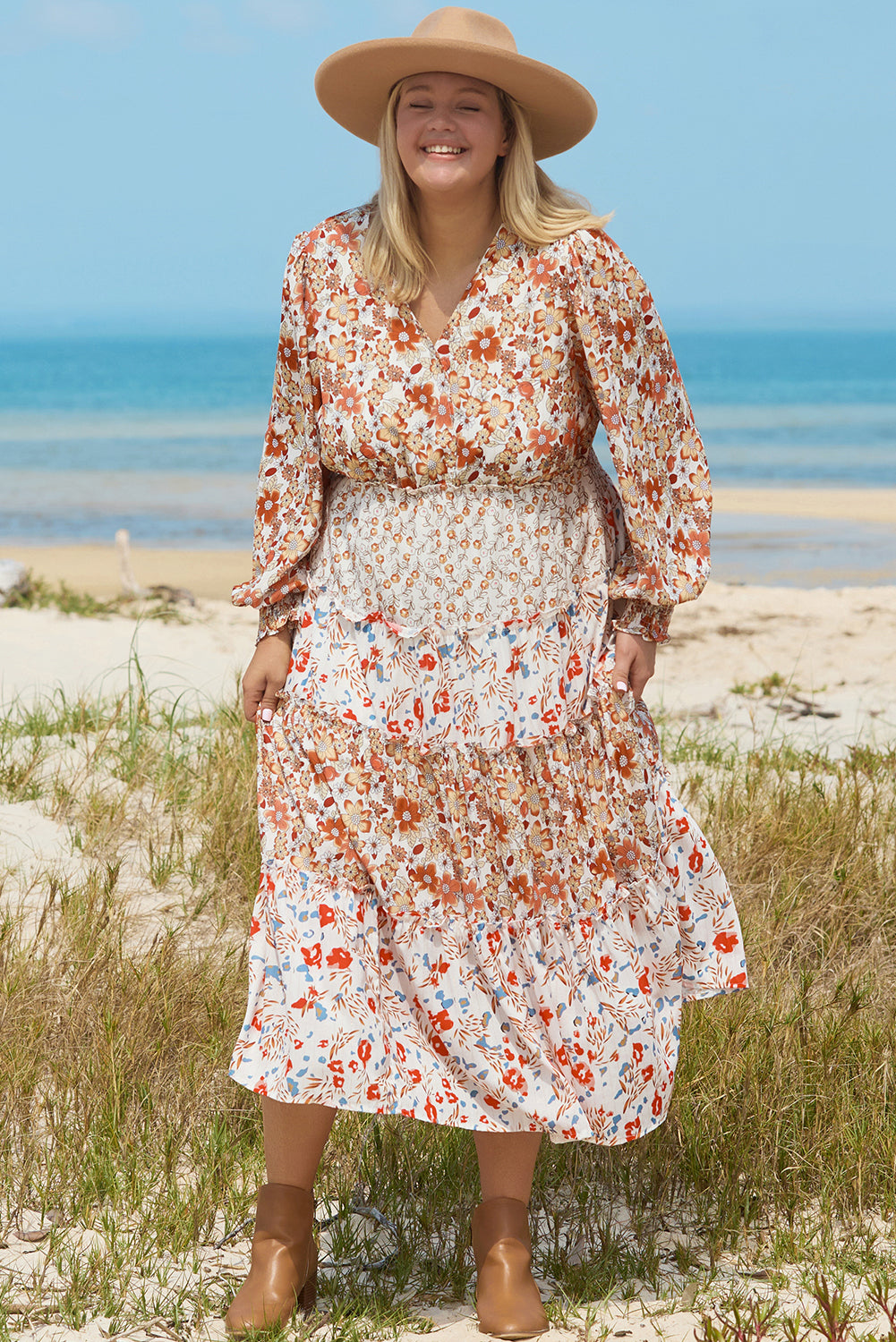 Khaki Floral Print Ruffled Tiered Long Sleeve V Neck Midi Dress