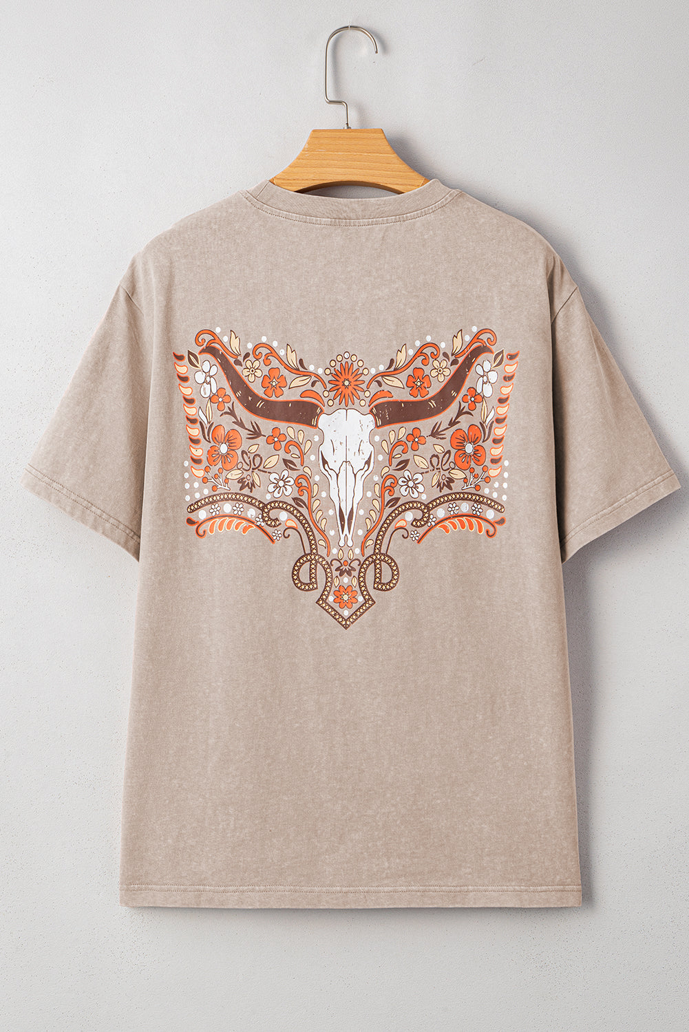 Smoke Gray Mineral Wash Floral Steer Head Printed Back Western Fashion Tee