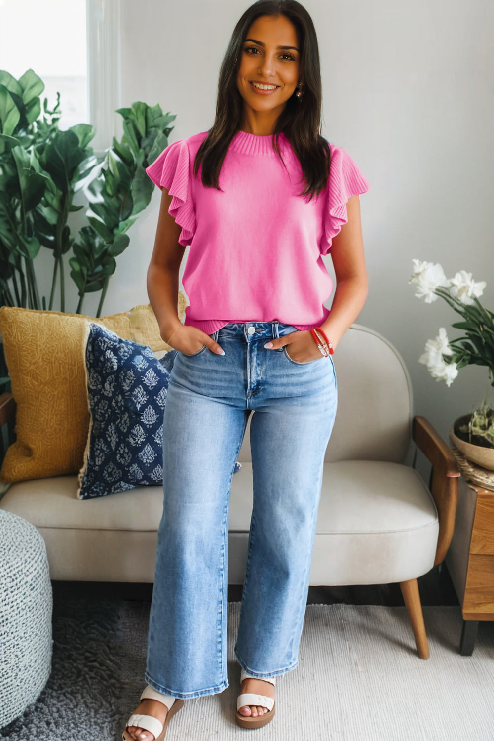 Beau Blue Solid Color Ribbed Trim Round Neck Ruffle Short Sleeve Sweater