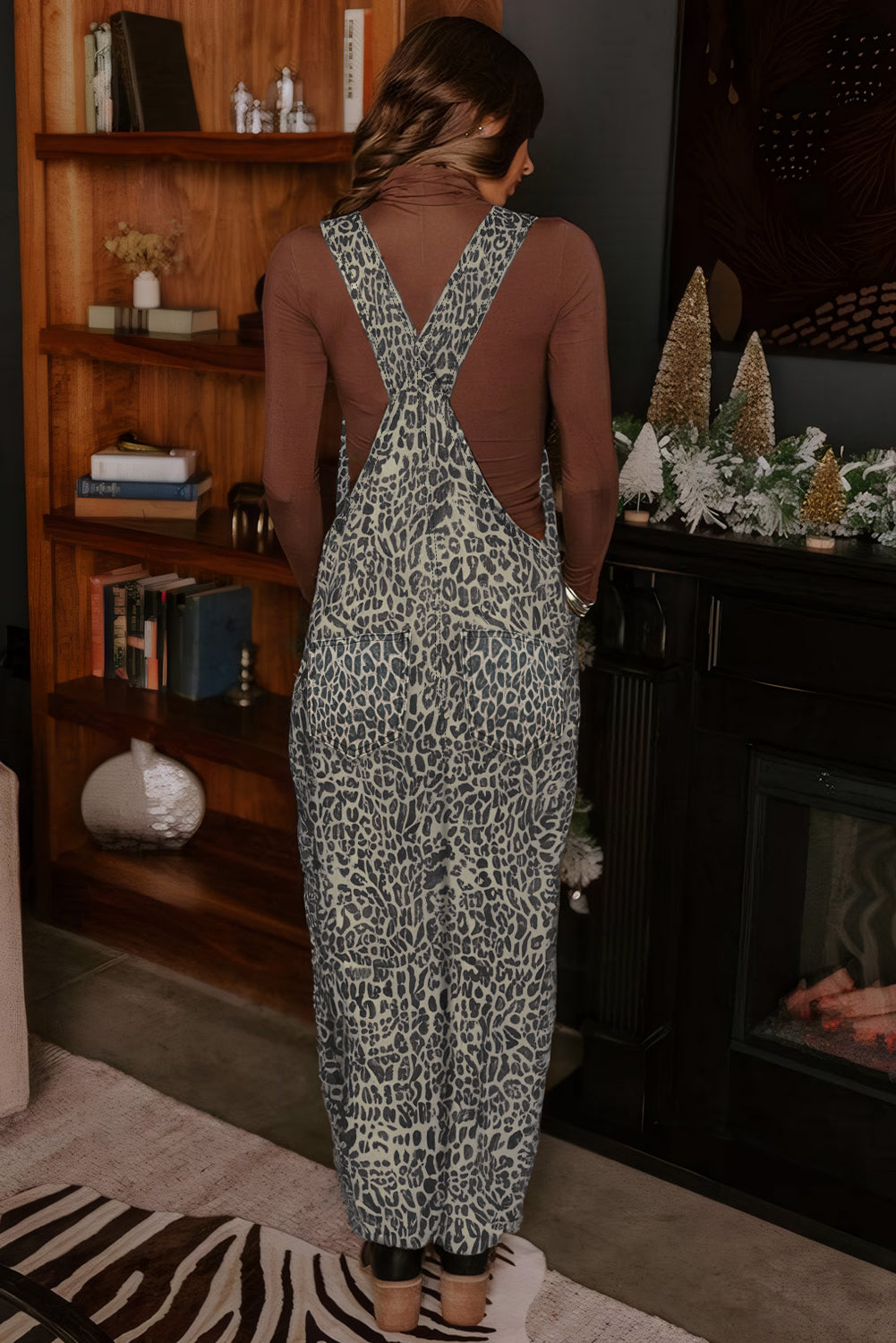 Brown  Leopard Print Straight Leg Loose Denim Overall Jumpsuit