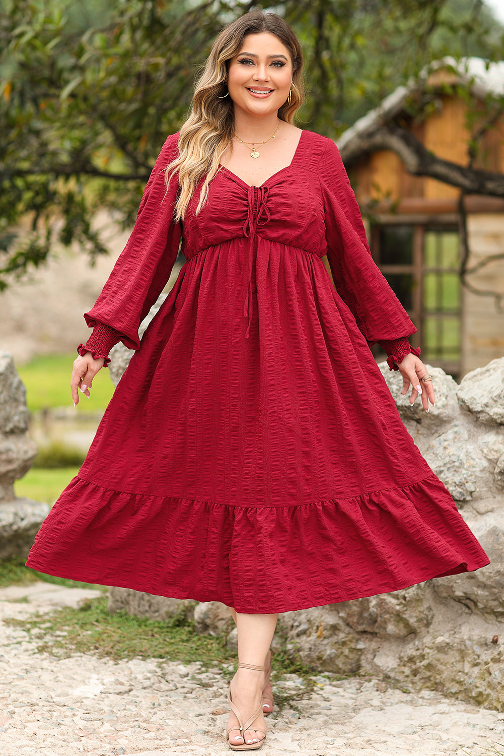 Black Lace-up Ruched Front Long Sleeve Ruffle Hem Plus Size Midi Dress