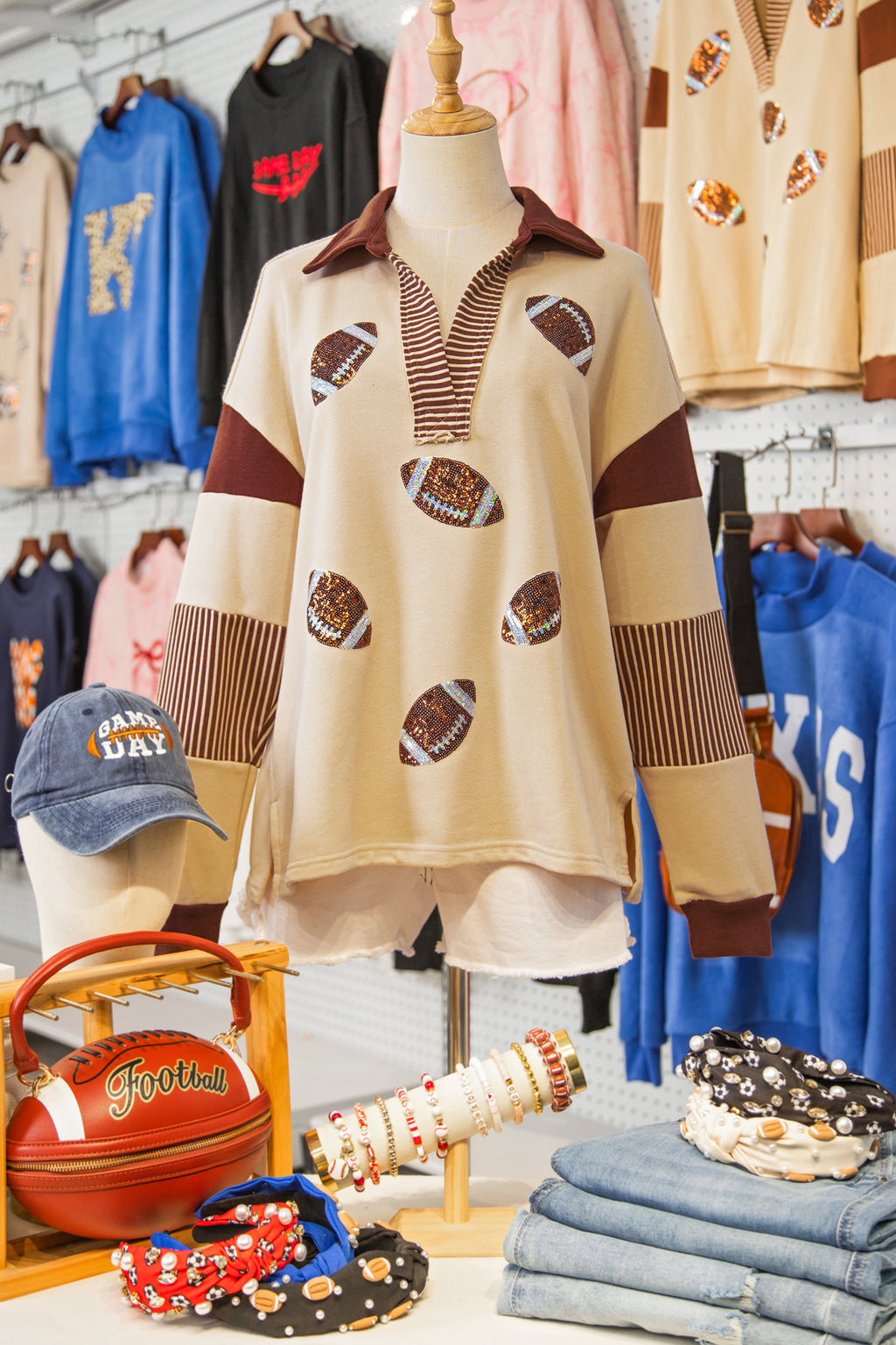 Light French Beige Color Block Striped Patchwork Sequin Rugby Graphic Polo Sweatshirt
