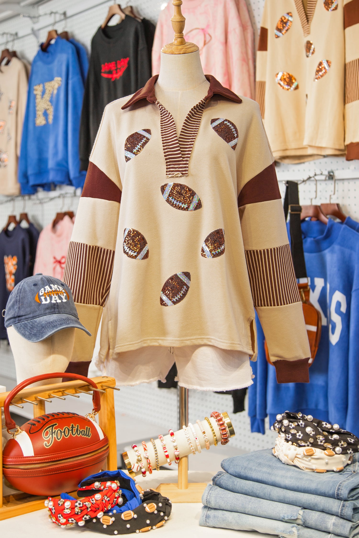 Light French Beige Color Block Striped Patchwork Sequin Rugby Graphic Polo Sweatshirt