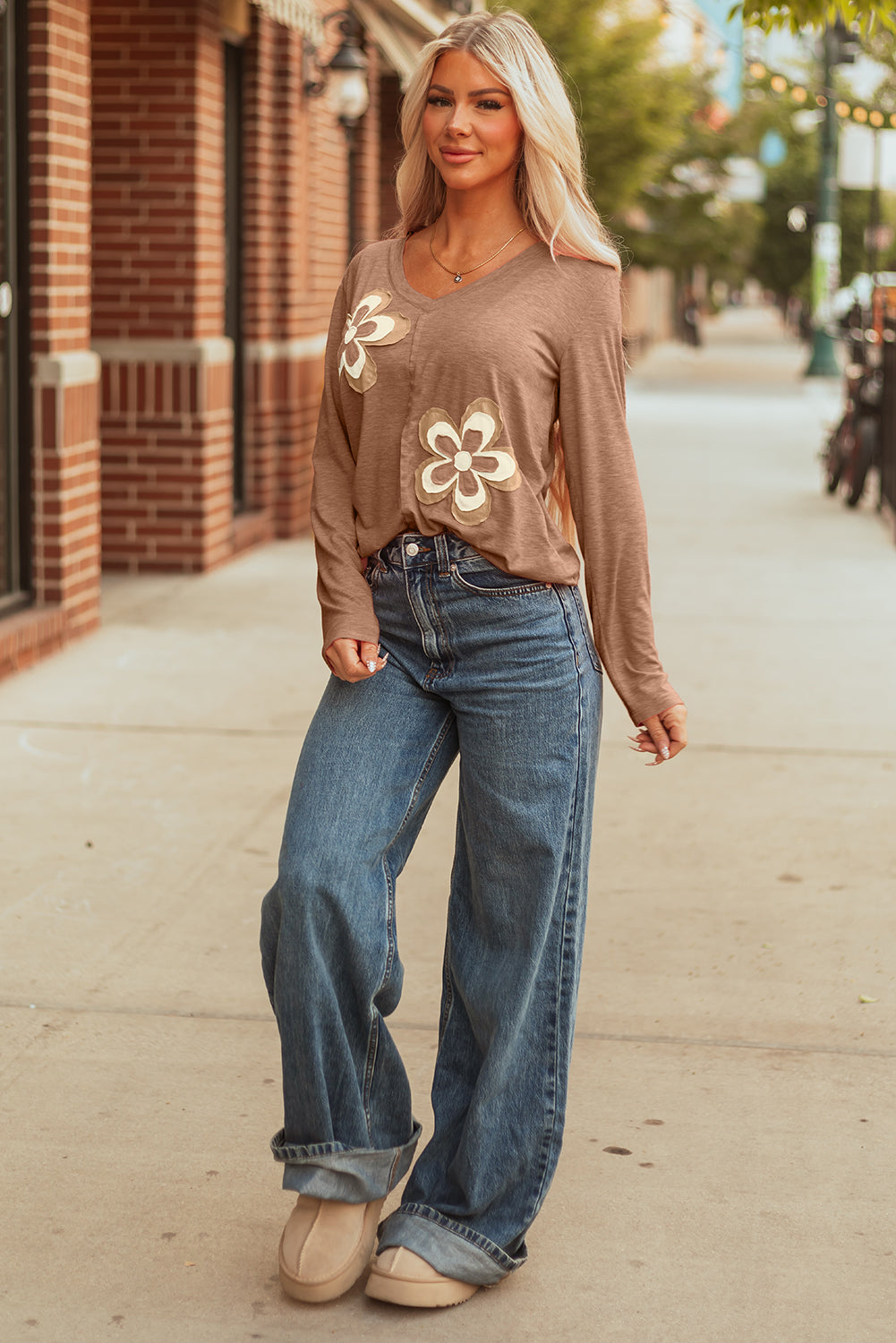 Fresh Salmon Floral Patchwork V Neck Long Sleeve T Shirt