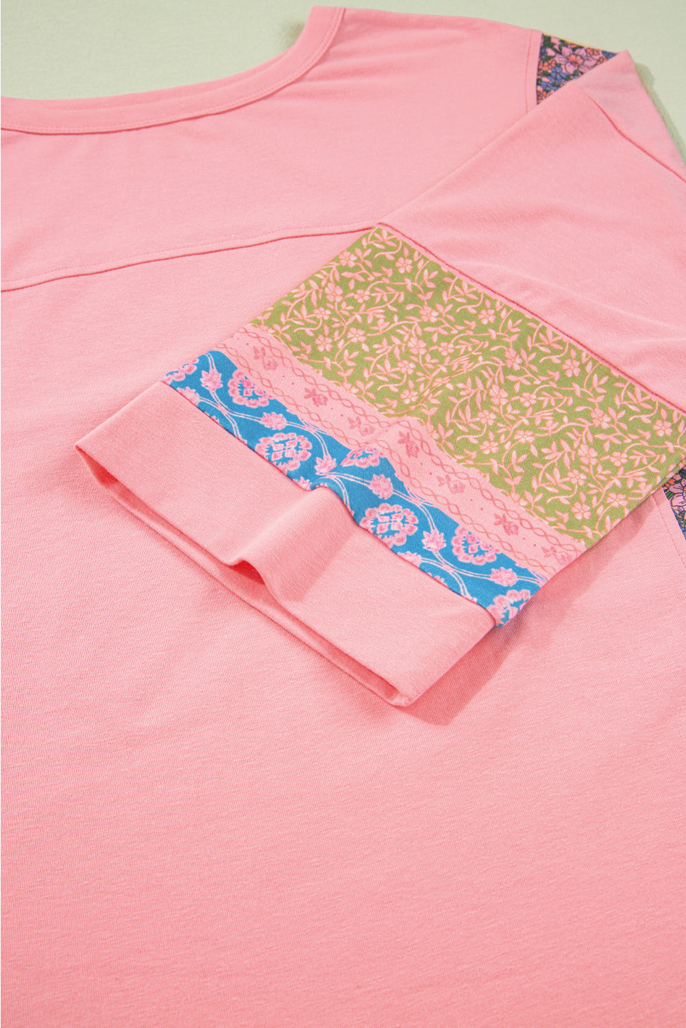 Gossamer Pink Floral Color Block Patchwork Long Sleeve Top