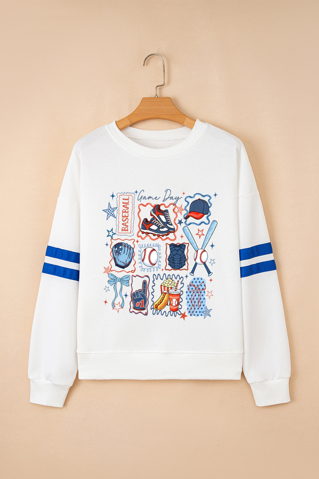 White Baseball Game Day Printed Varsity Striped Sweatshirt
