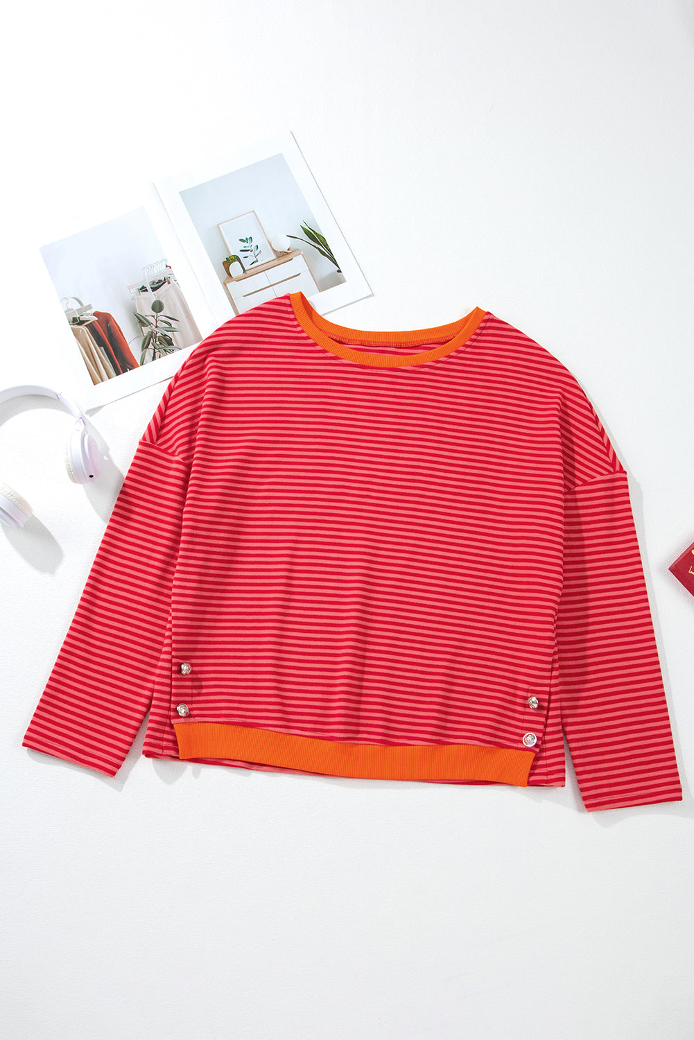Orange Stripe Plus Size Drop Shoulder Long Sleeve Buttoned Decor Top