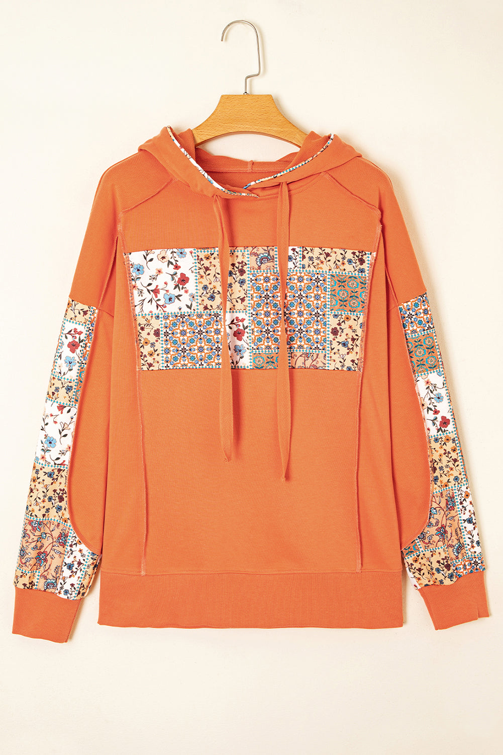 Delicacy Mix Floral Patchwork Side Slit Drawstring Hoodie