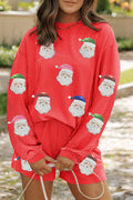 Gold Flame Father Christmas Sequin Patched Long Sleeve Top and Shorts Twisted Ribbed 2pcs Outfit